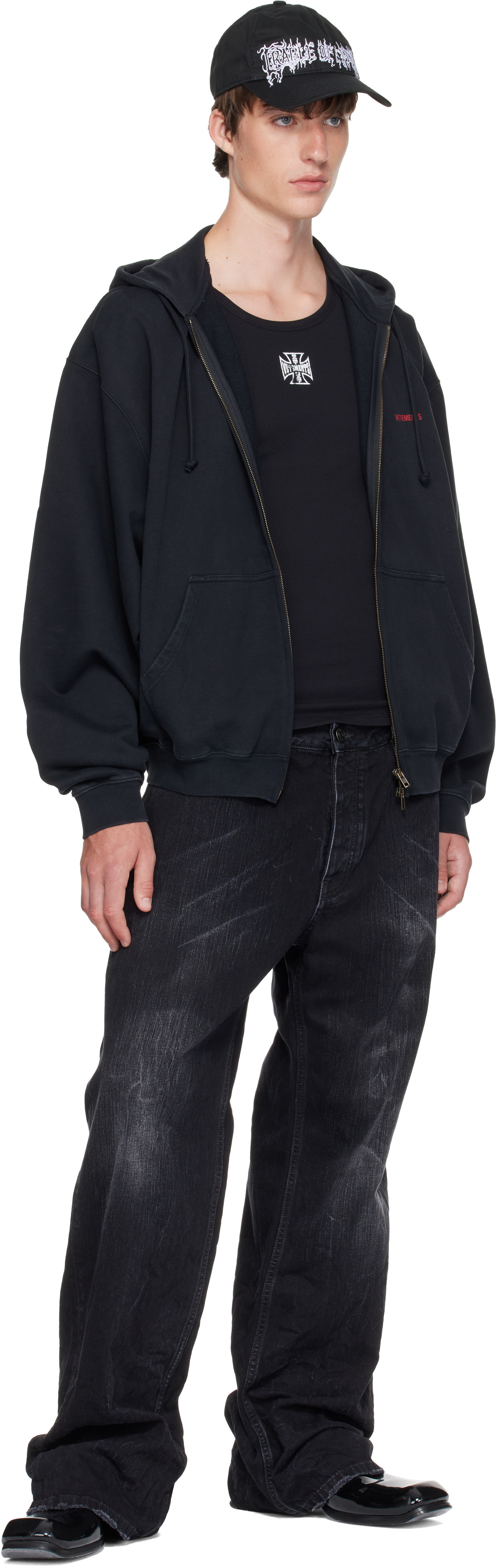 VETEMENTS - Pull à capuche noir à coupe classique et à glissière
