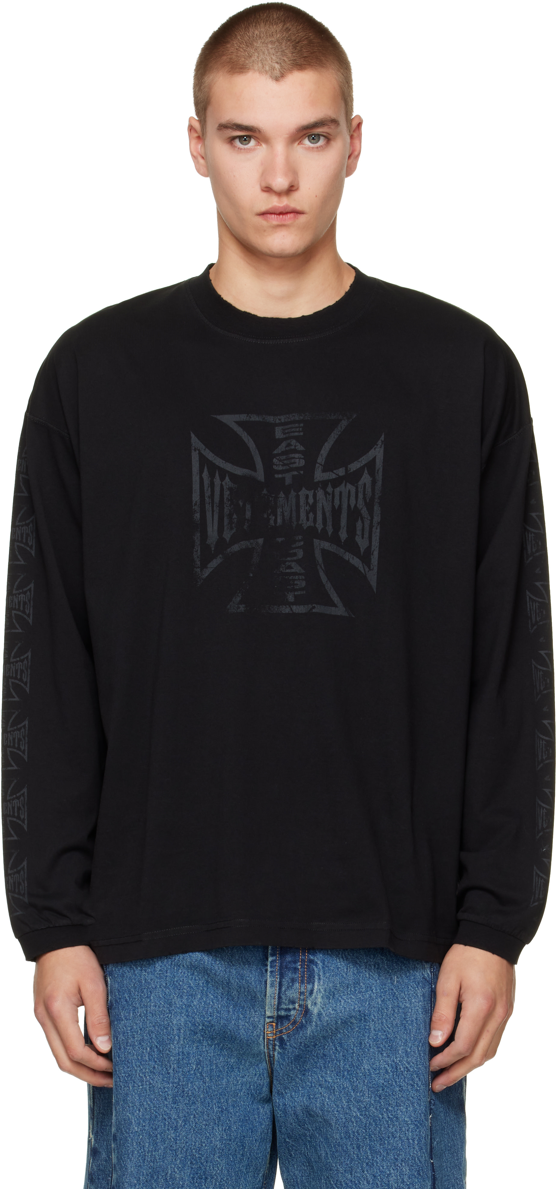 VETEMENTS: Black Biker Cross Logo Longsleeve T-shirt | SSENSE