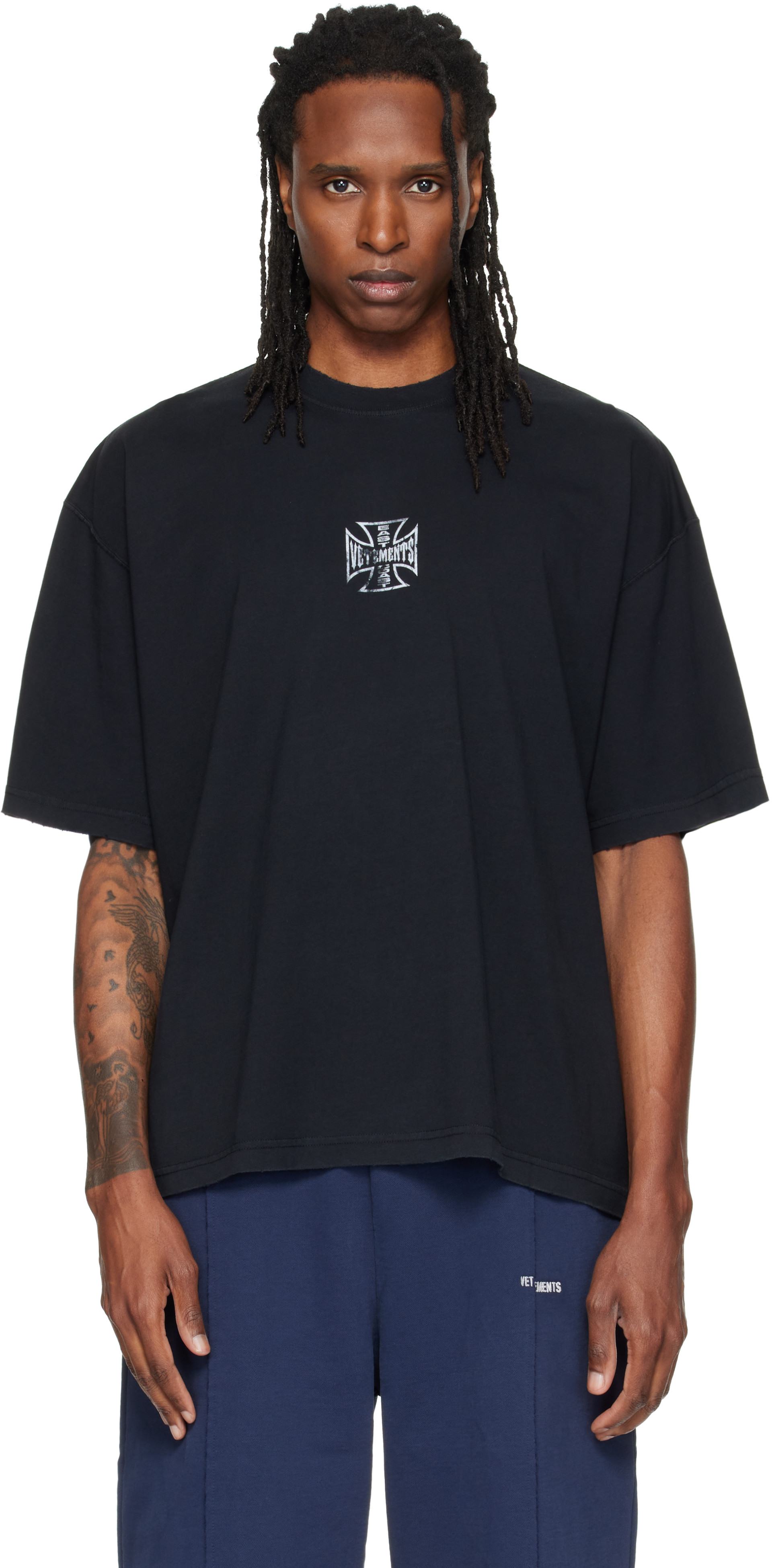 VETEMENTS: Black Biker Cross Logo Boxy T-shirt | SSENSE