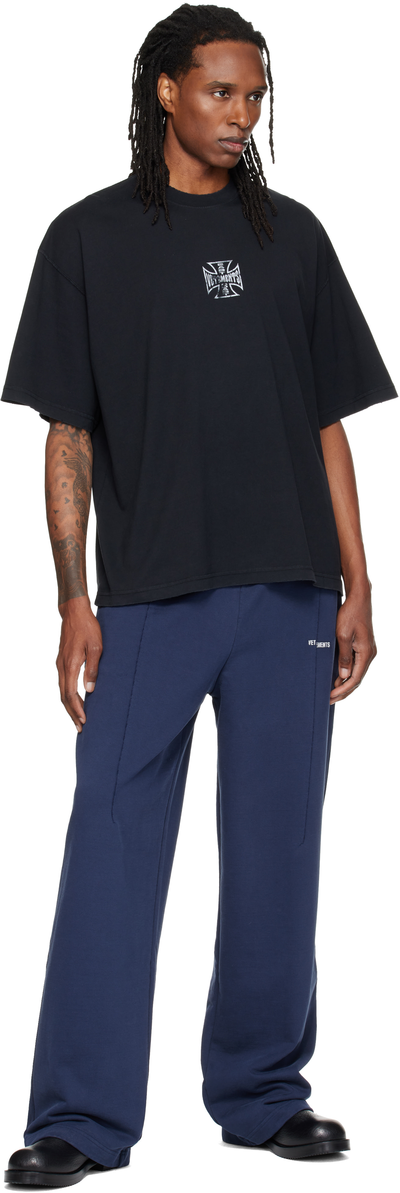 VETEMENTS: Black Biker Cross Logo Boxy T-shirt | SSENSE