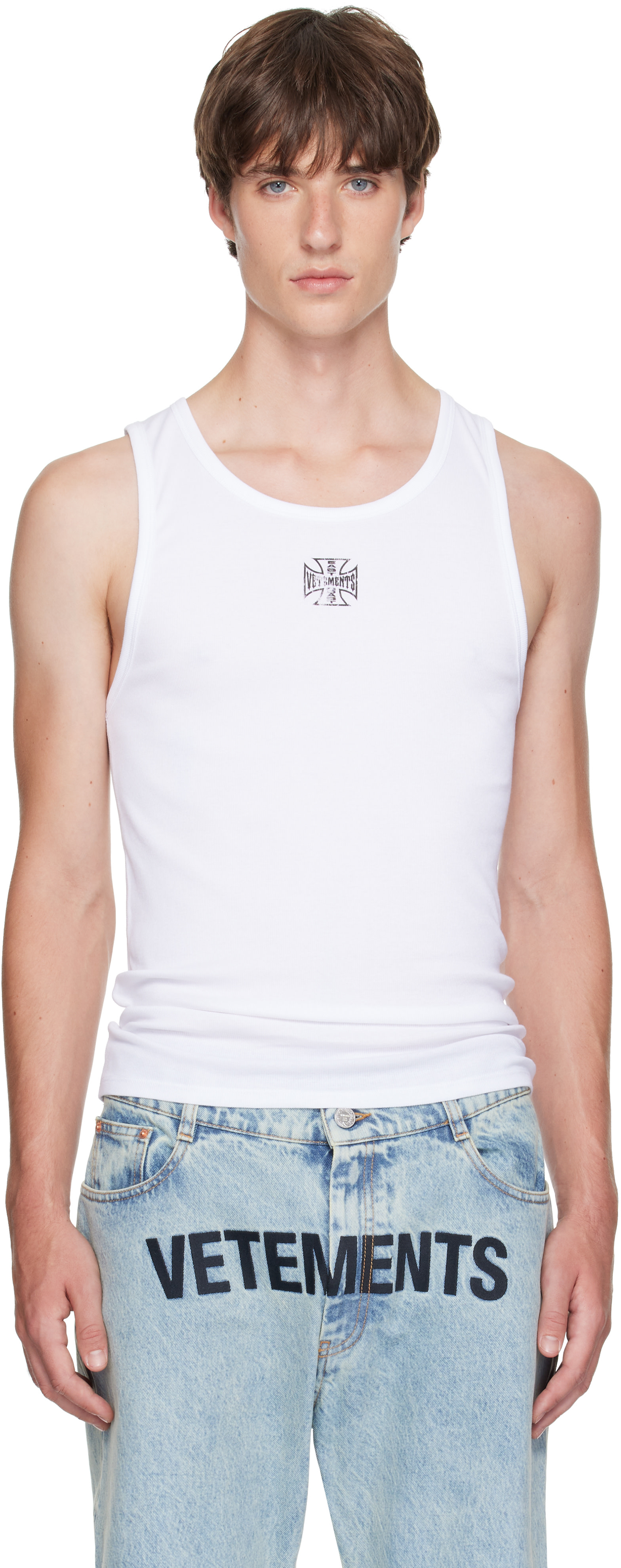 VETEMENTS: White Biker Cross Logo Tank Top | SSENSE