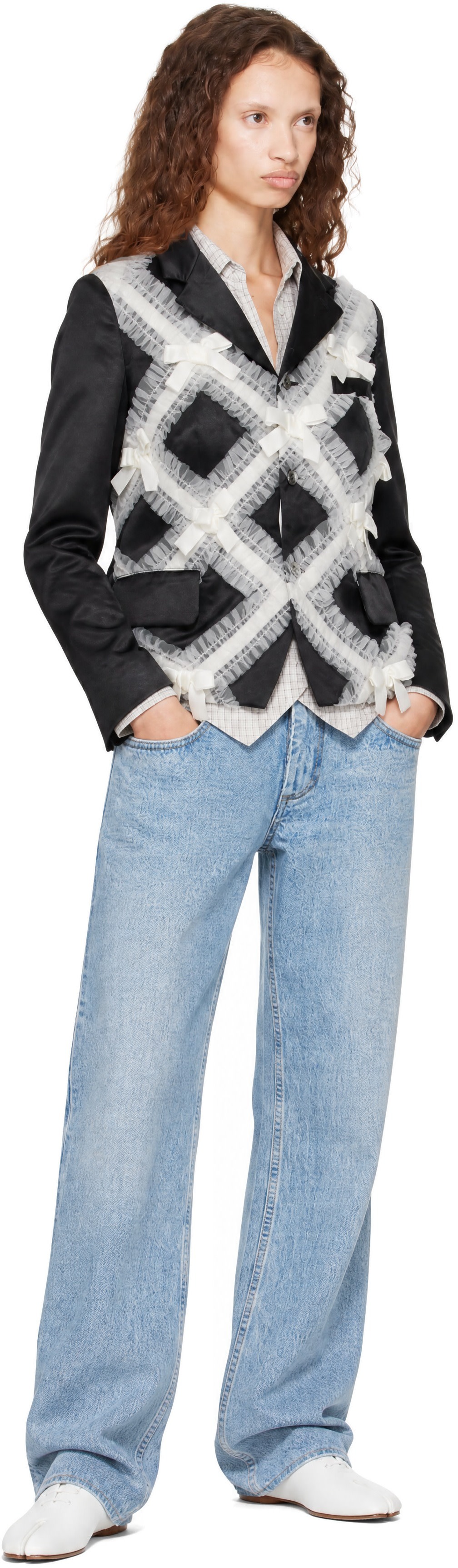 Comme des Garçons Girl: Black Satin Gather Tape Decoration Blazer