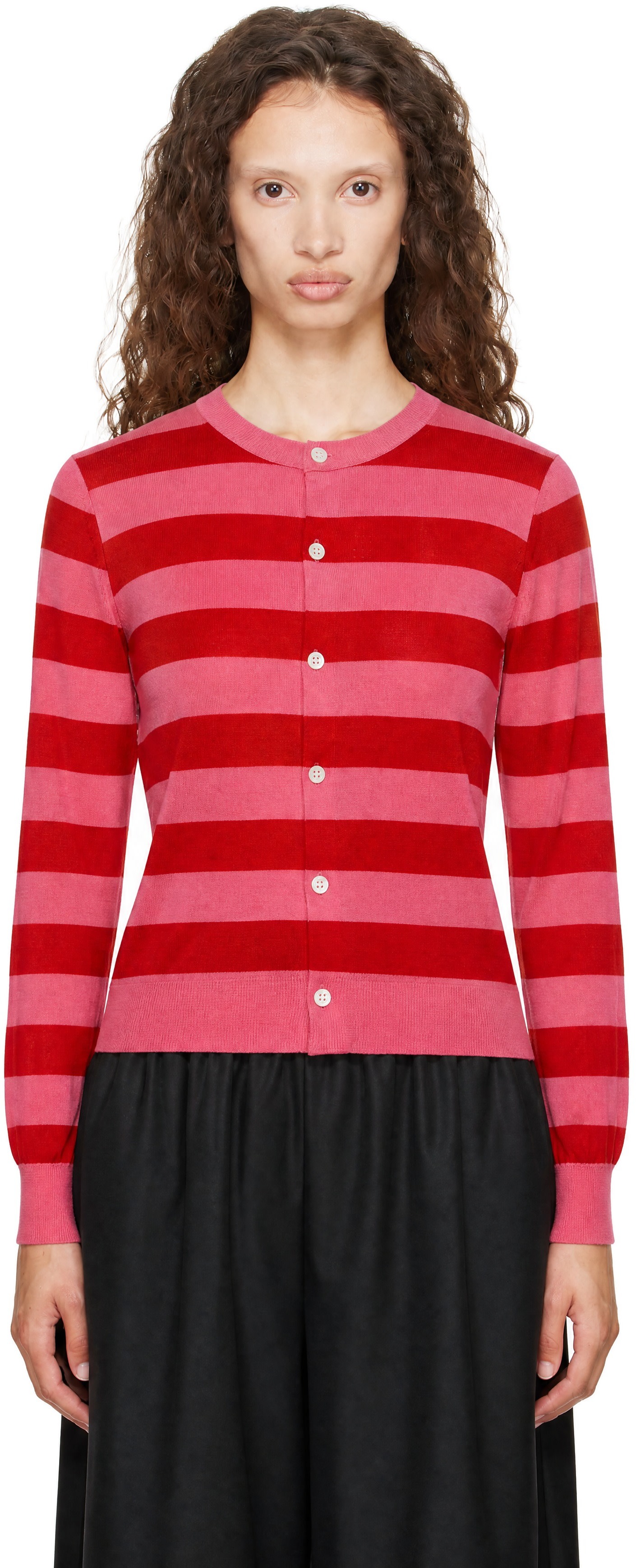 COMME des GARCONS GIRL カーディガン Comme des Garçons Girl: Pink & Red Wool Jersey Stripe Cardigan