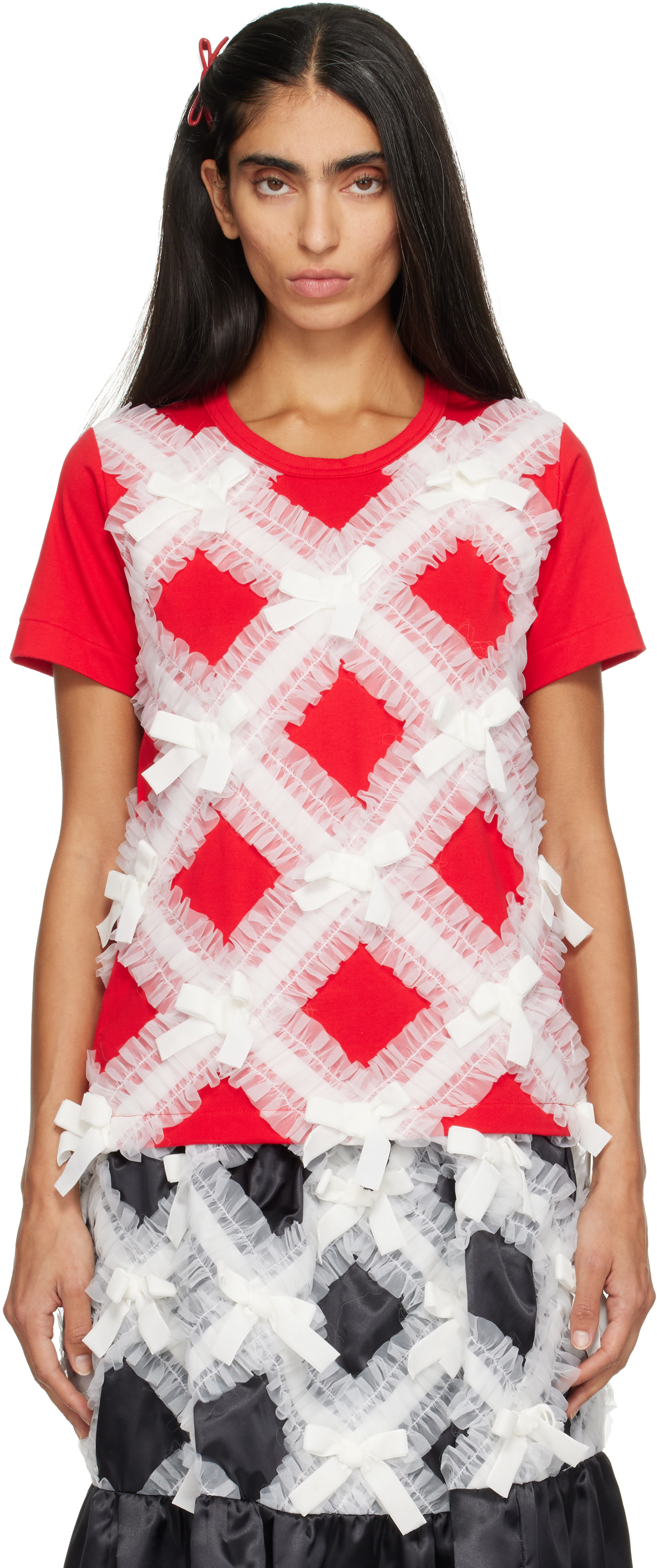 Comme des Garçons Girl: Red & White Gather Tape Decoration T-shirt