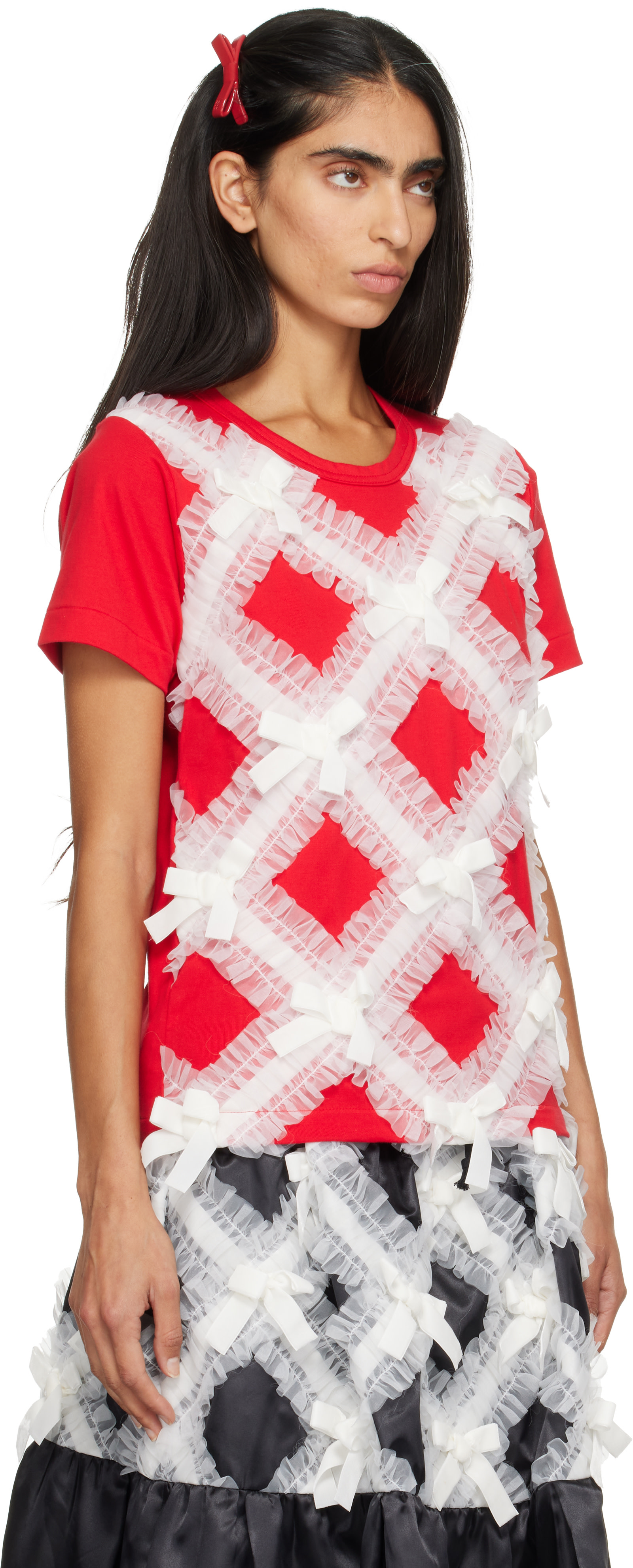 Comme des Garçons Girl: Red & White Gather Tape Decoration T-shirt