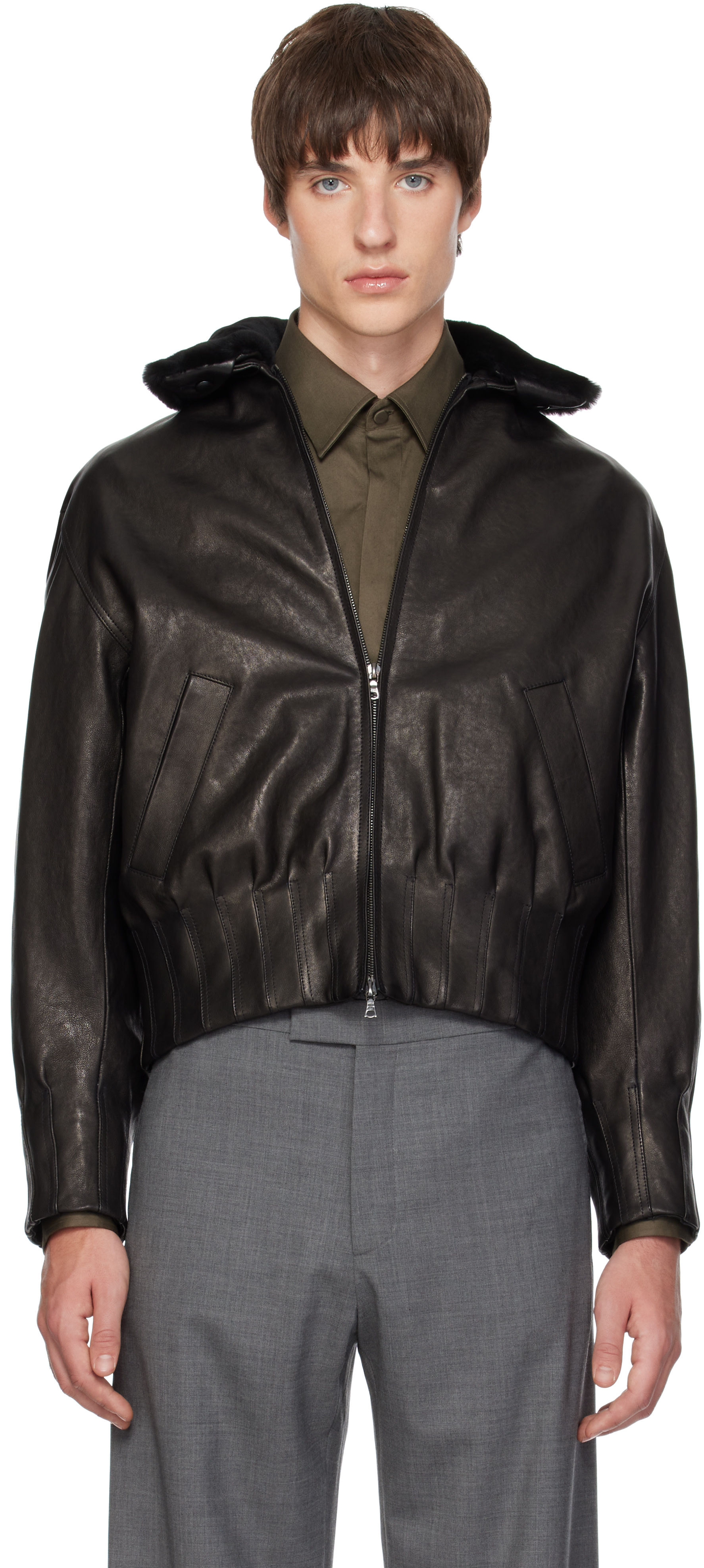 AARON ESH - Black Shearling Collar Leather Bomber