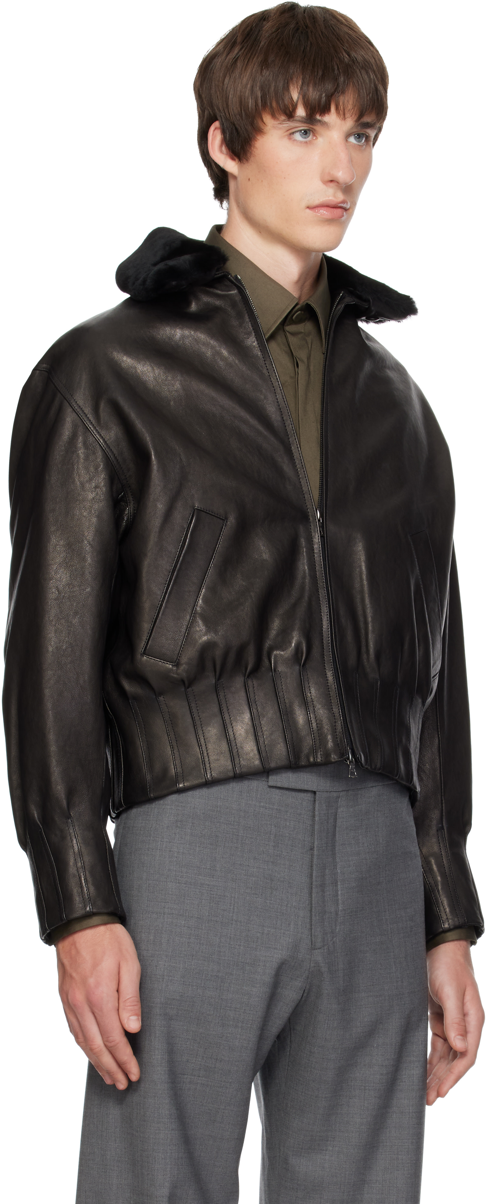 AARON ESH - Black Shearling Collar Leather Bomber