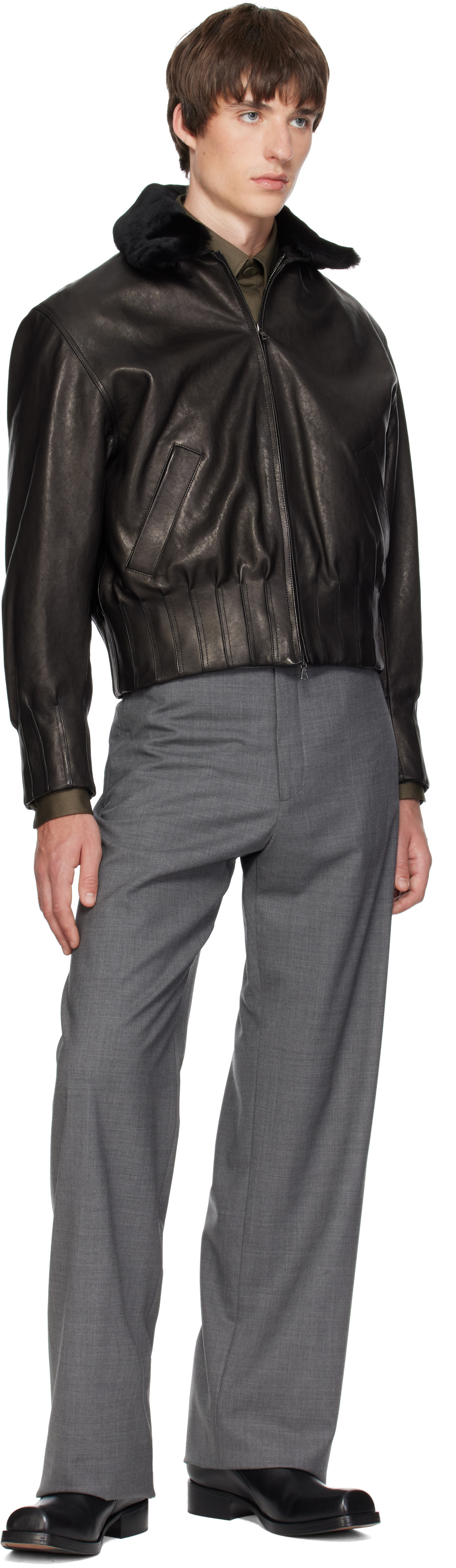 AARON ESH - Black Shearling Collar Leather Bomber