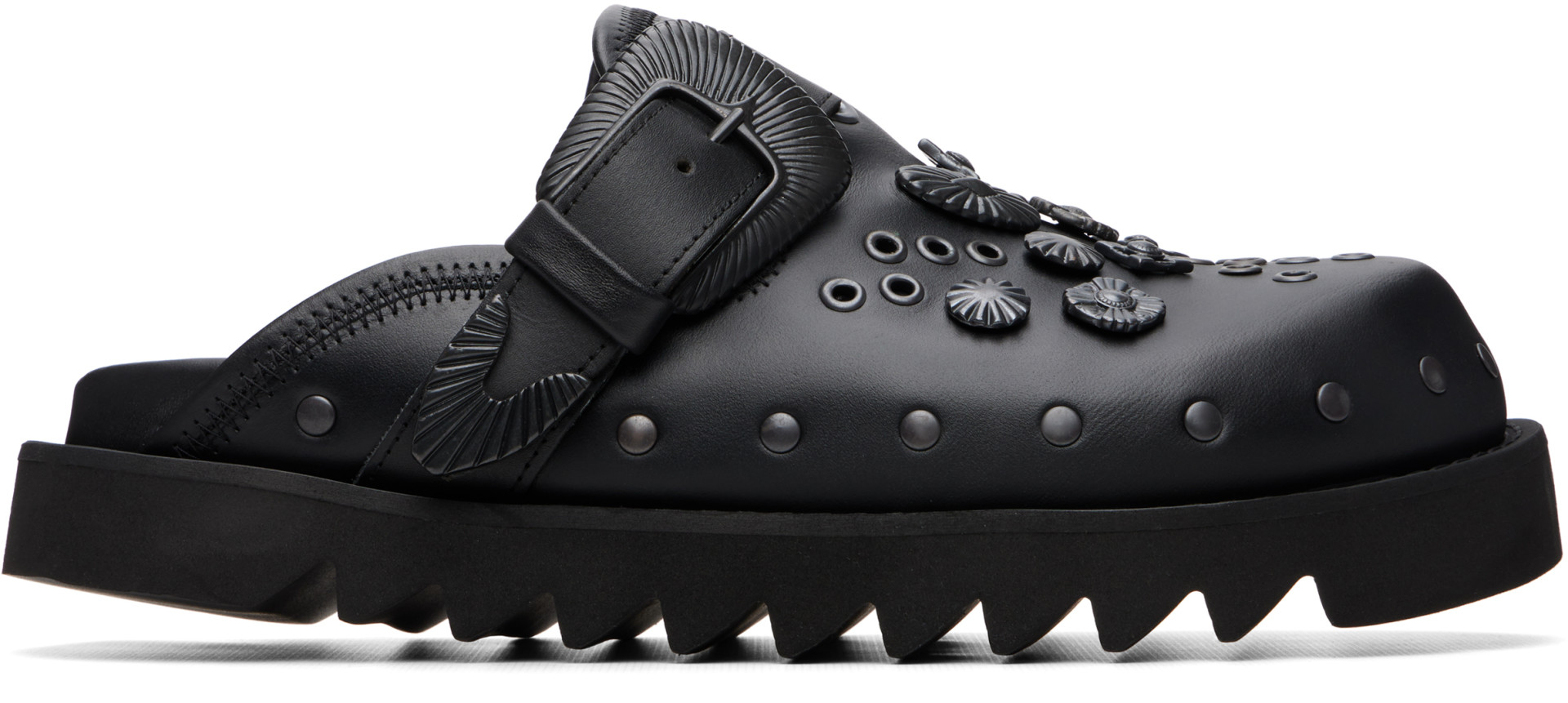 靴 TOGA VIRILIS EYELET L SABOT 43 Toga Virilis: SSENSE Exclusive Black Eyelet Metal Sabot Slip-on