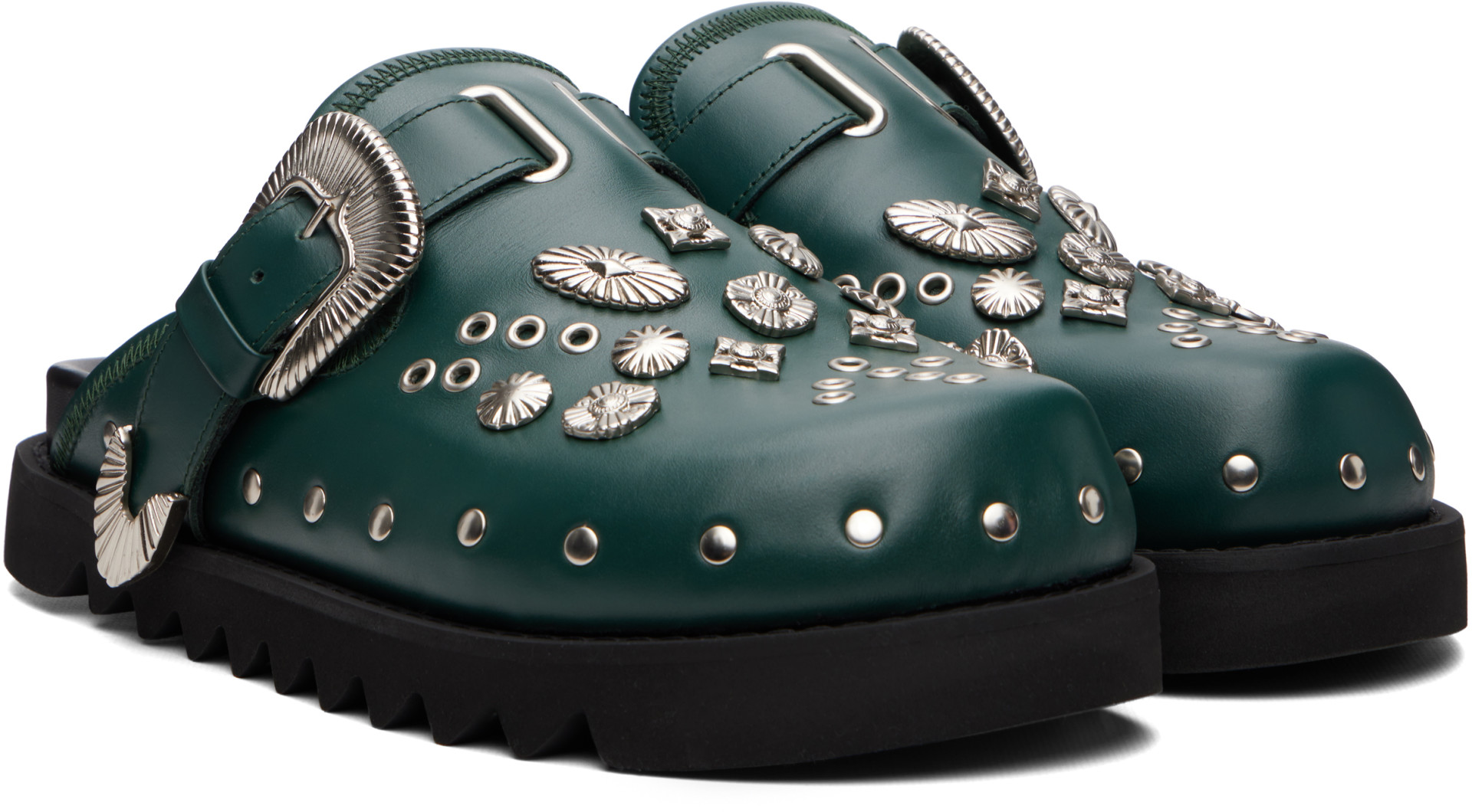 Toga Virilis: SSENSE Exclusive Green Eyelet Metal Sabot Slip-on