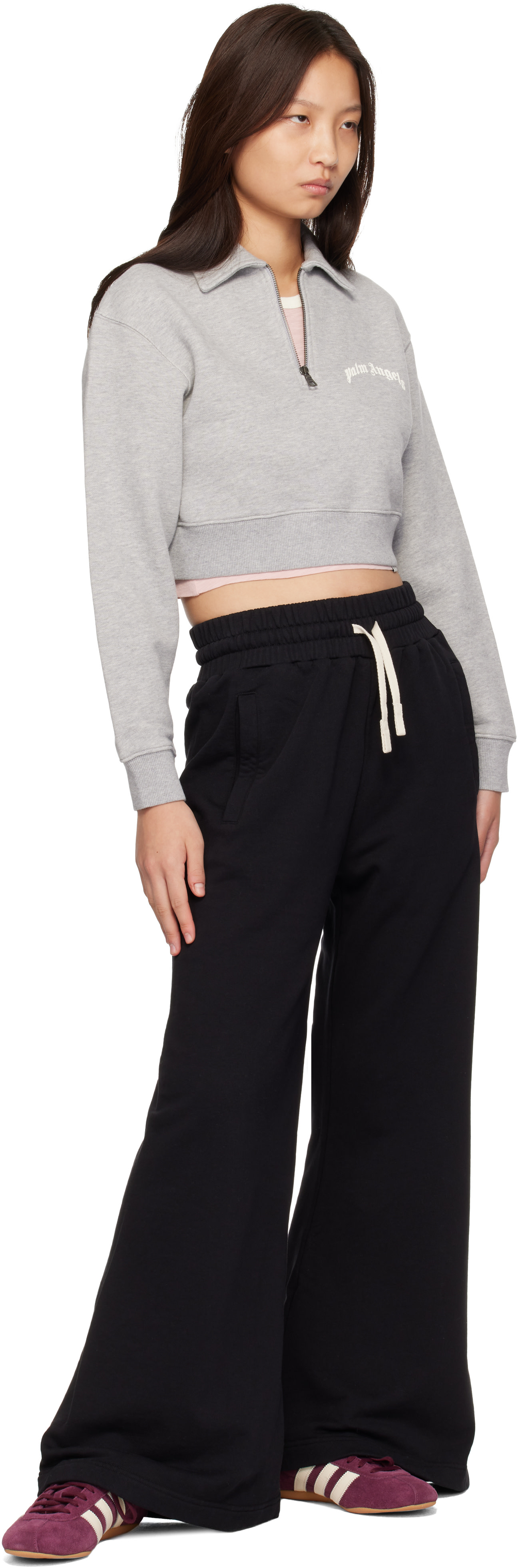 Palm Angels: Gray Curved Logo Crop Crew Long Sleeve Polo | SSENSE