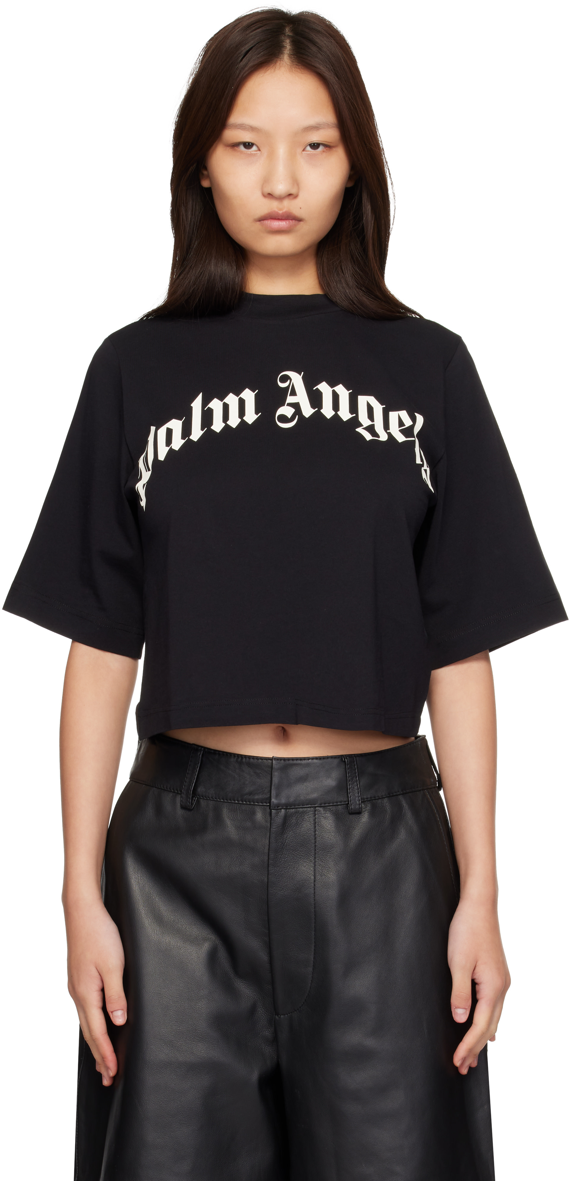 Palm Angels: Black Curved Logo Boxy T-shirt | SSENSE