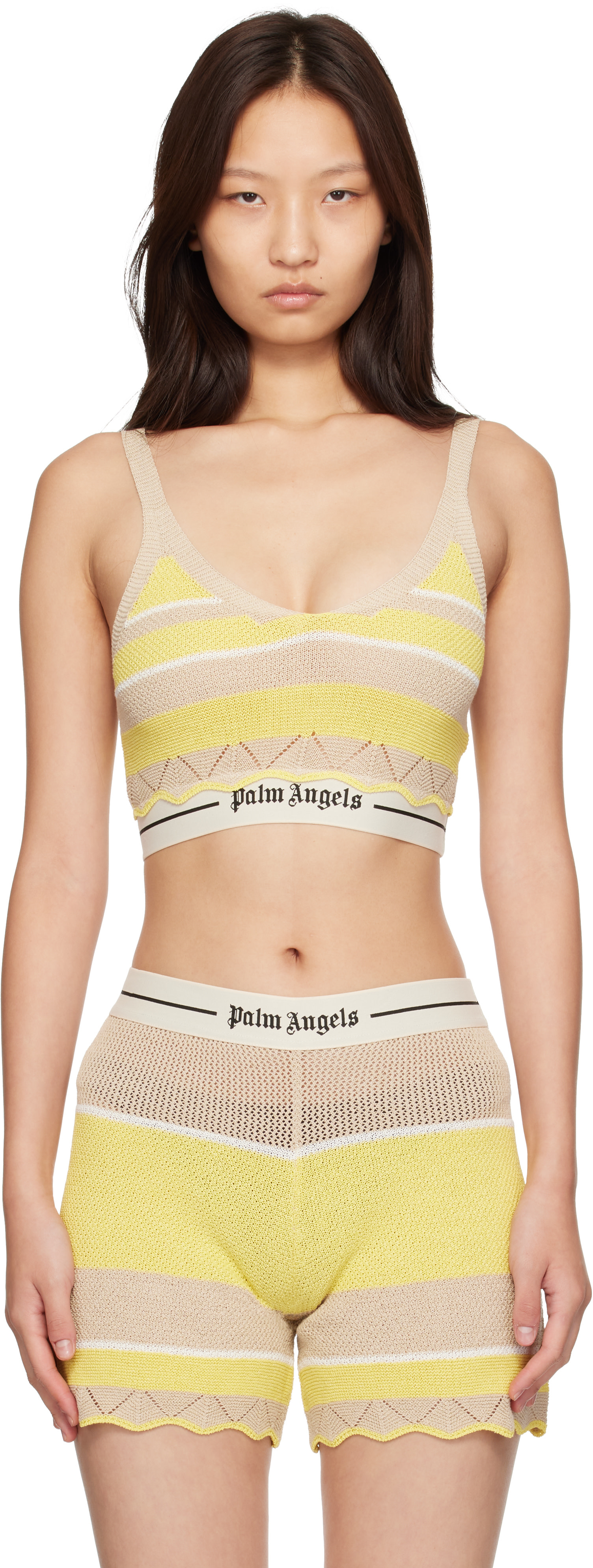 MOSCHINO イエロー コットンニットタンクトップ Palm Angels: ベージュ＆イエロー Logo Beach ニット タンクトップ