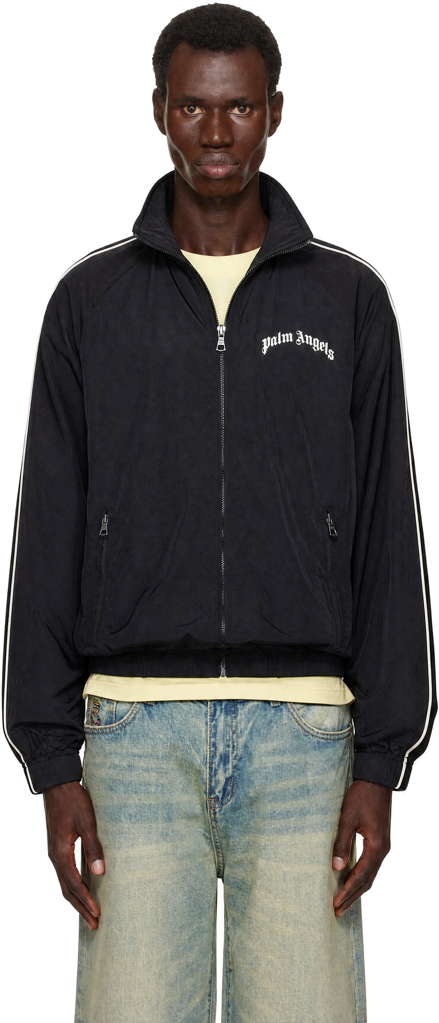 Palm Angels: ブラック カーブドロゴ ヴィンテージ ウインドブレーカー