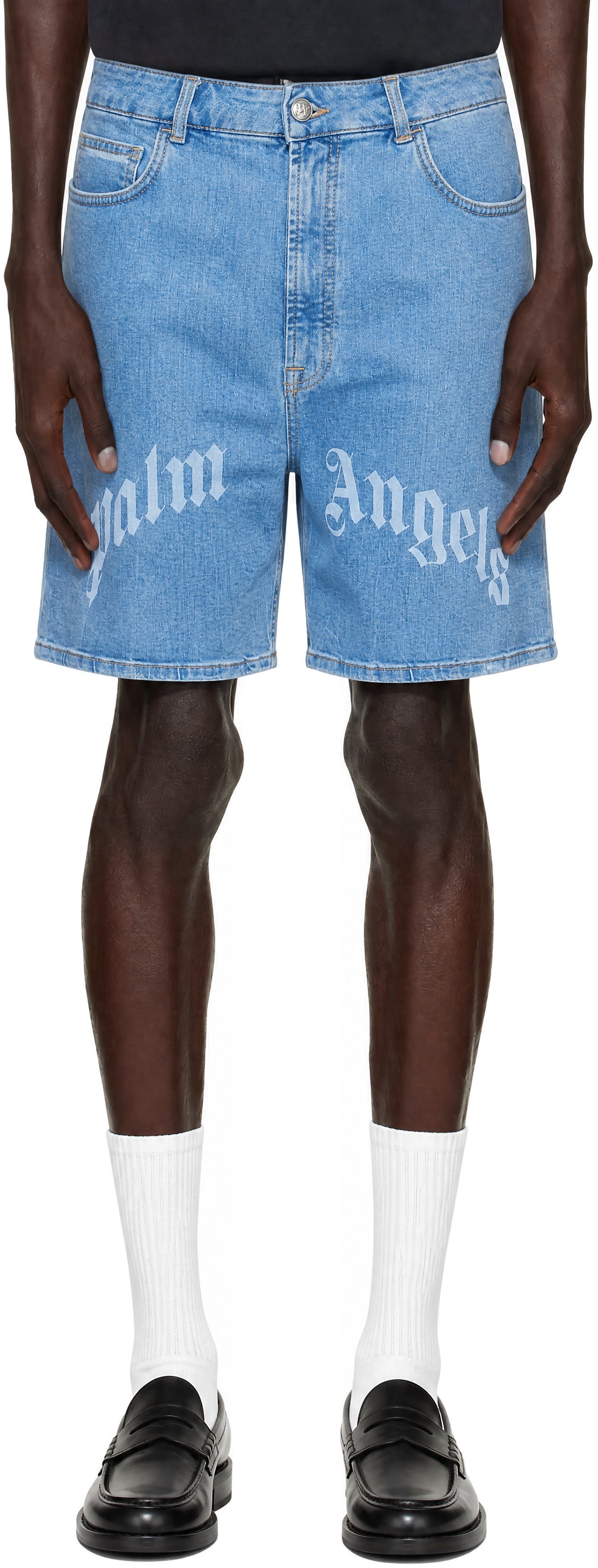 Palm Angels: ブルー Splitted Curved Logo ショートパンツ | SSENSE 日本