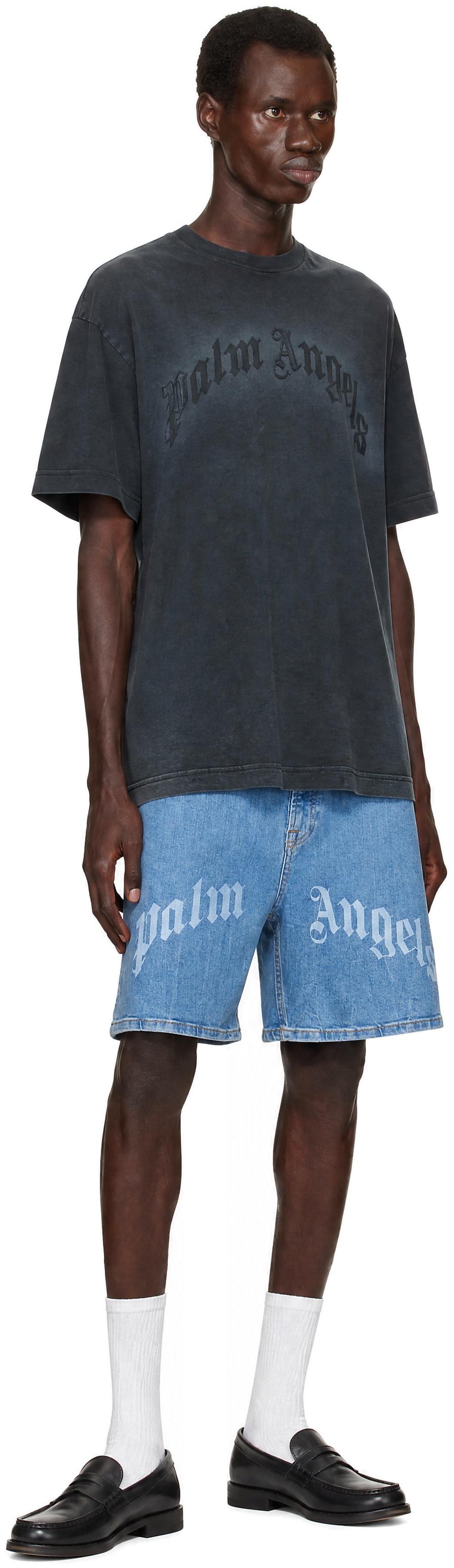 Palm Angels: ブルー Splitted Curved Logo ショートパンツ | SSENSE 日本
