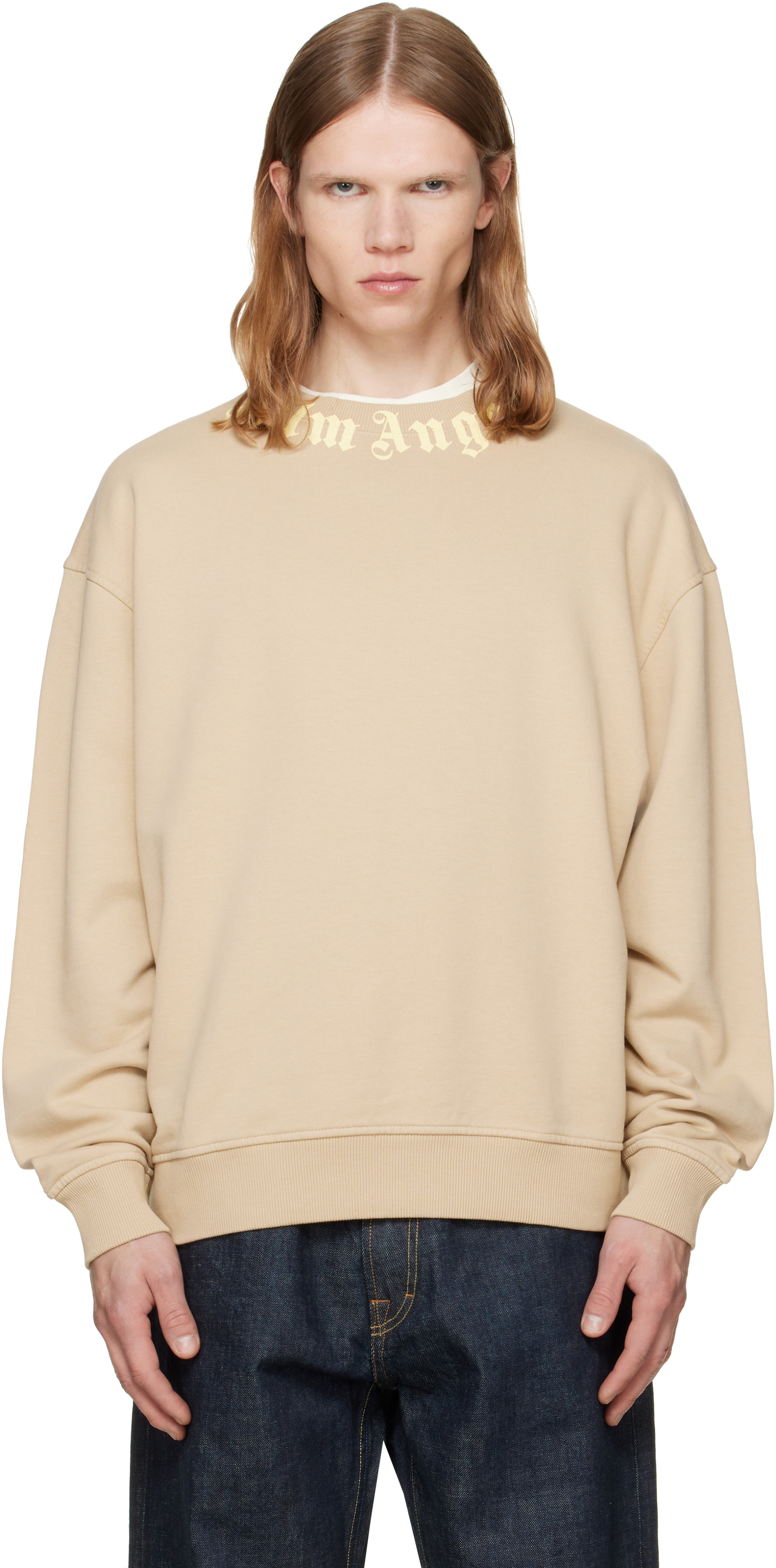 Palm Angels - Pull molletonné beige à logo et à col ras du cou