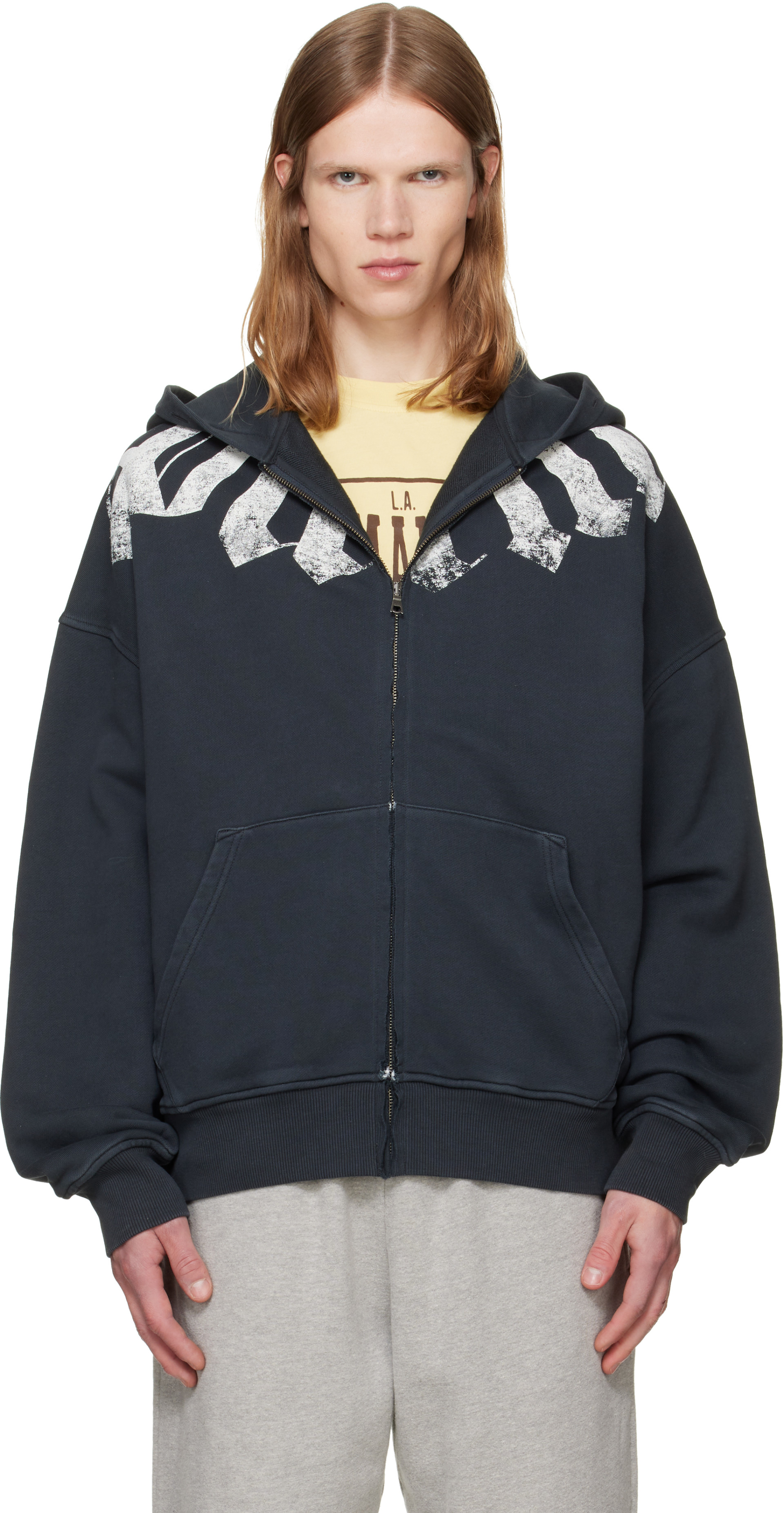 Palm Angels: Black Big Neck Logo Zip Loose Hoodie | SSENSE