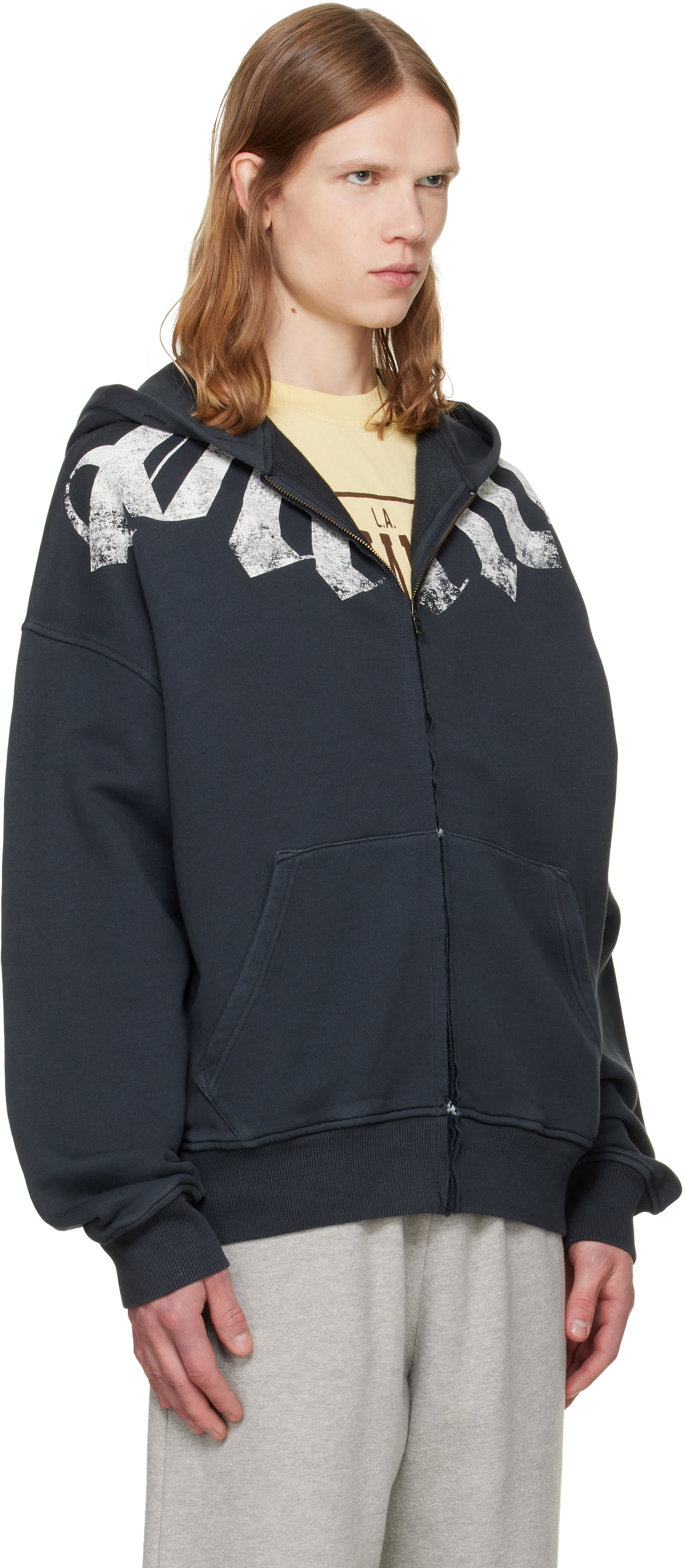 Palm Angels: Black Big Neck Logo Zip Loose Hoodie | SSENSE