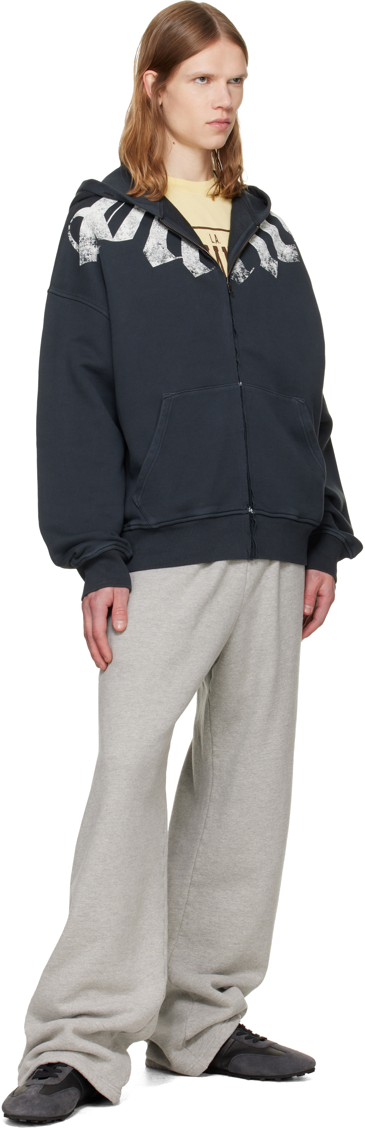 Palm Angels: ブラック Big Neck Logo Zip Loose フーディ | SSENSE 日本