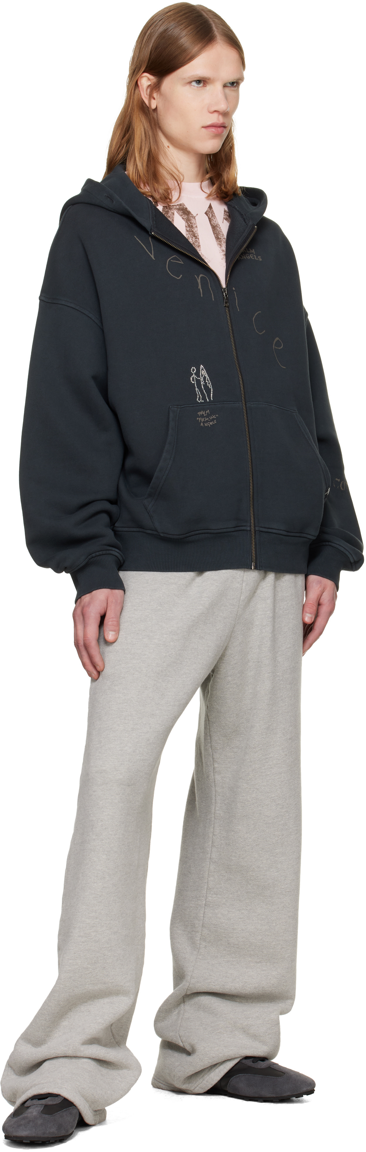 Palm Angels: Black 'Surfer Dream' Zipped Loose Hoodie | SSENSE