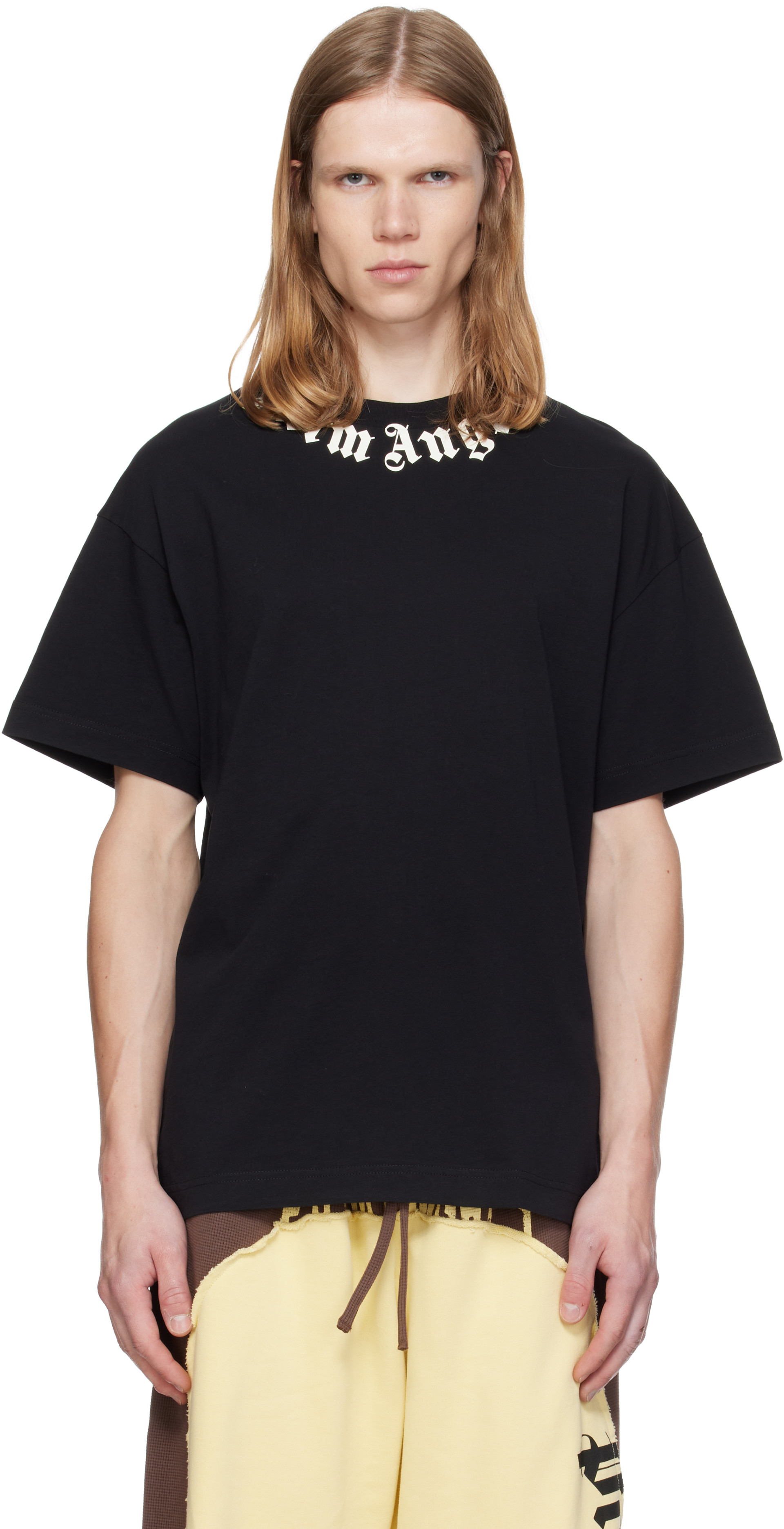 Palm Angels: ブラック Neck Logo レギュラーフィット Tシャツ