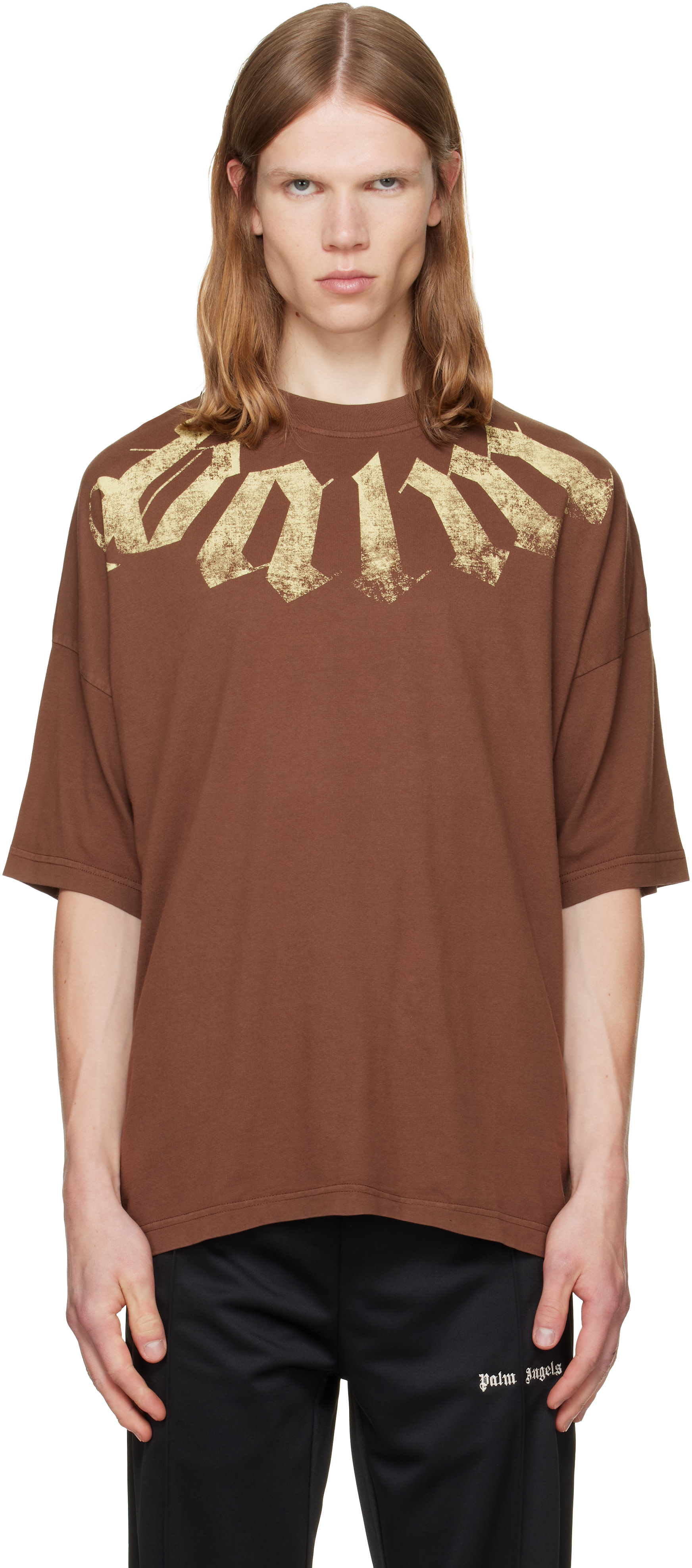 Palm Angels: Brown Big Neck Logo Loose T-shirt | SSENSE