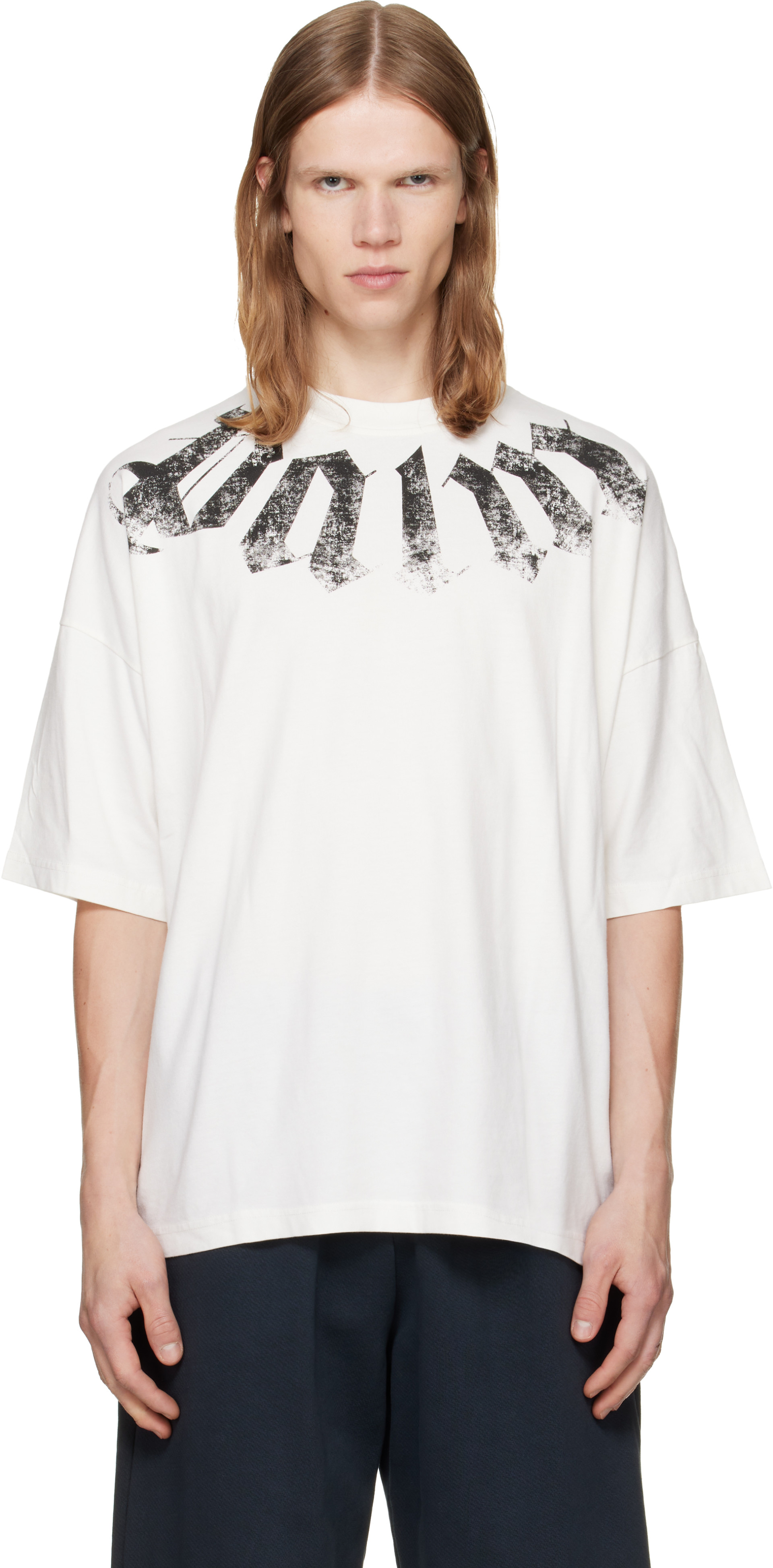 palm Angels / シースルー 長袖カットソー オフネックC175 Palm Angels: Off-White Big Neck Logo Loose T-shirt | SSENSE