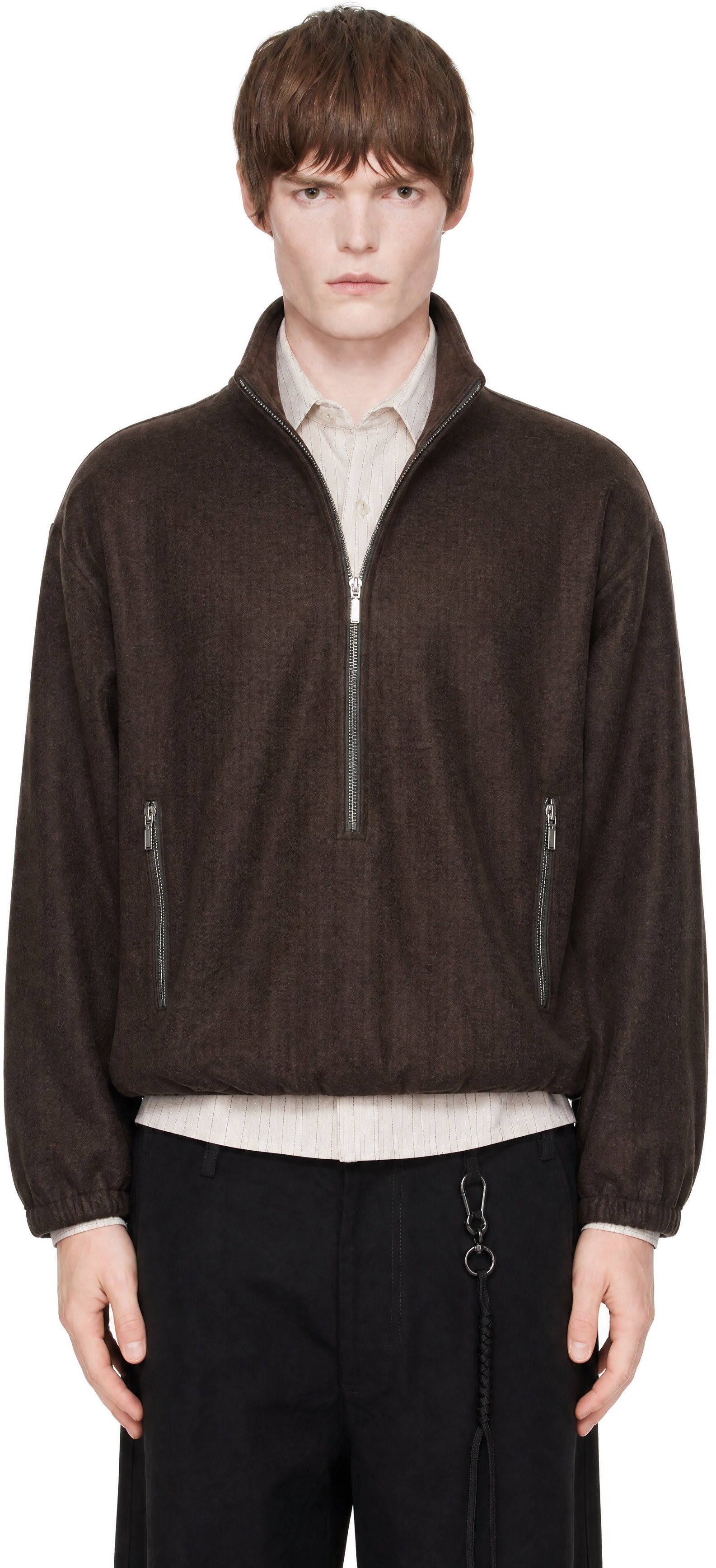 Song for the Mute - Brown Brushed Wool Long Zip Pullover Sweatshirt