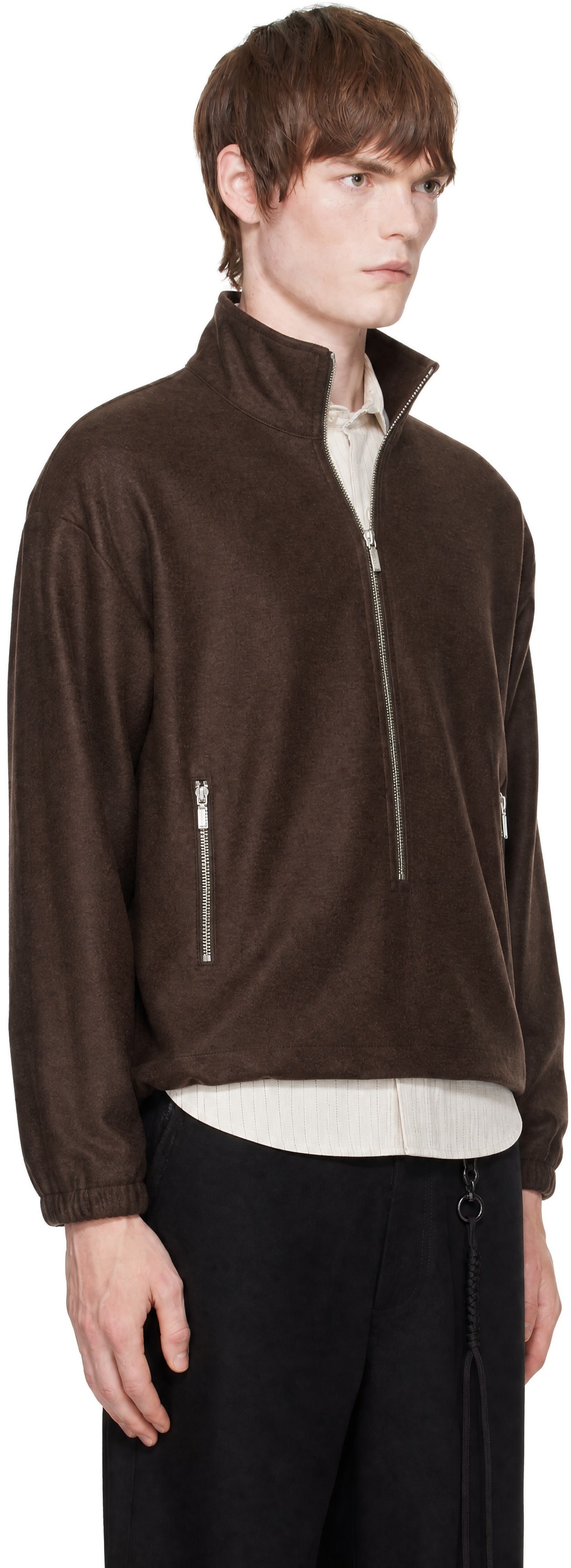 Song for the Mute - Brown Brushed Wool Long Zip Pullover Sweatshirt
