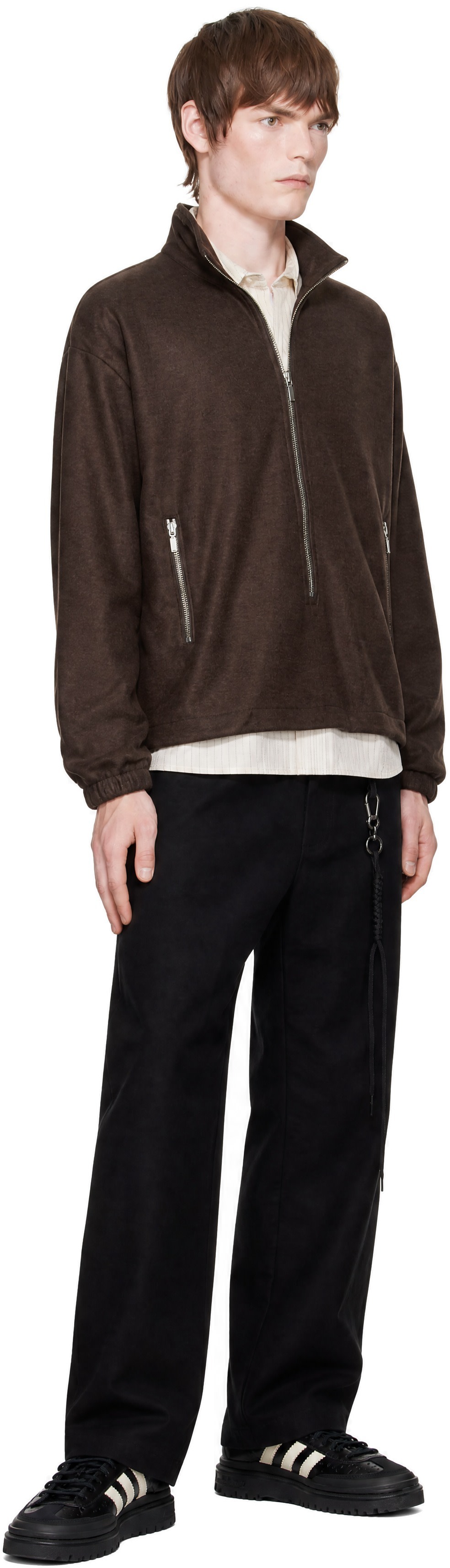 Song for the Mute - Brown Brushed Wool Long Zip Pullover Sweatshirt