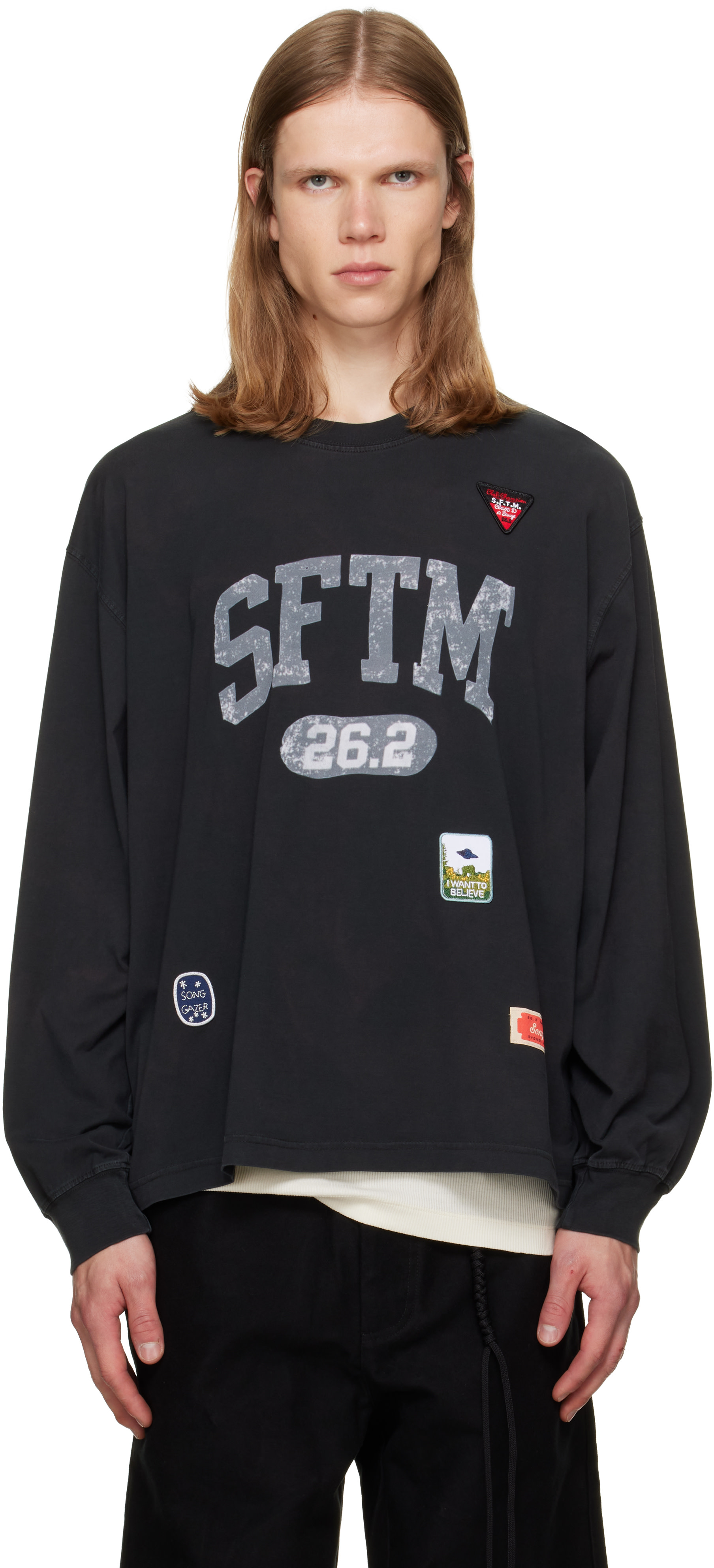 Song for the Mute: Black 'SFTM 26.2' Drape Crew Neck T-shirt | SSENSE