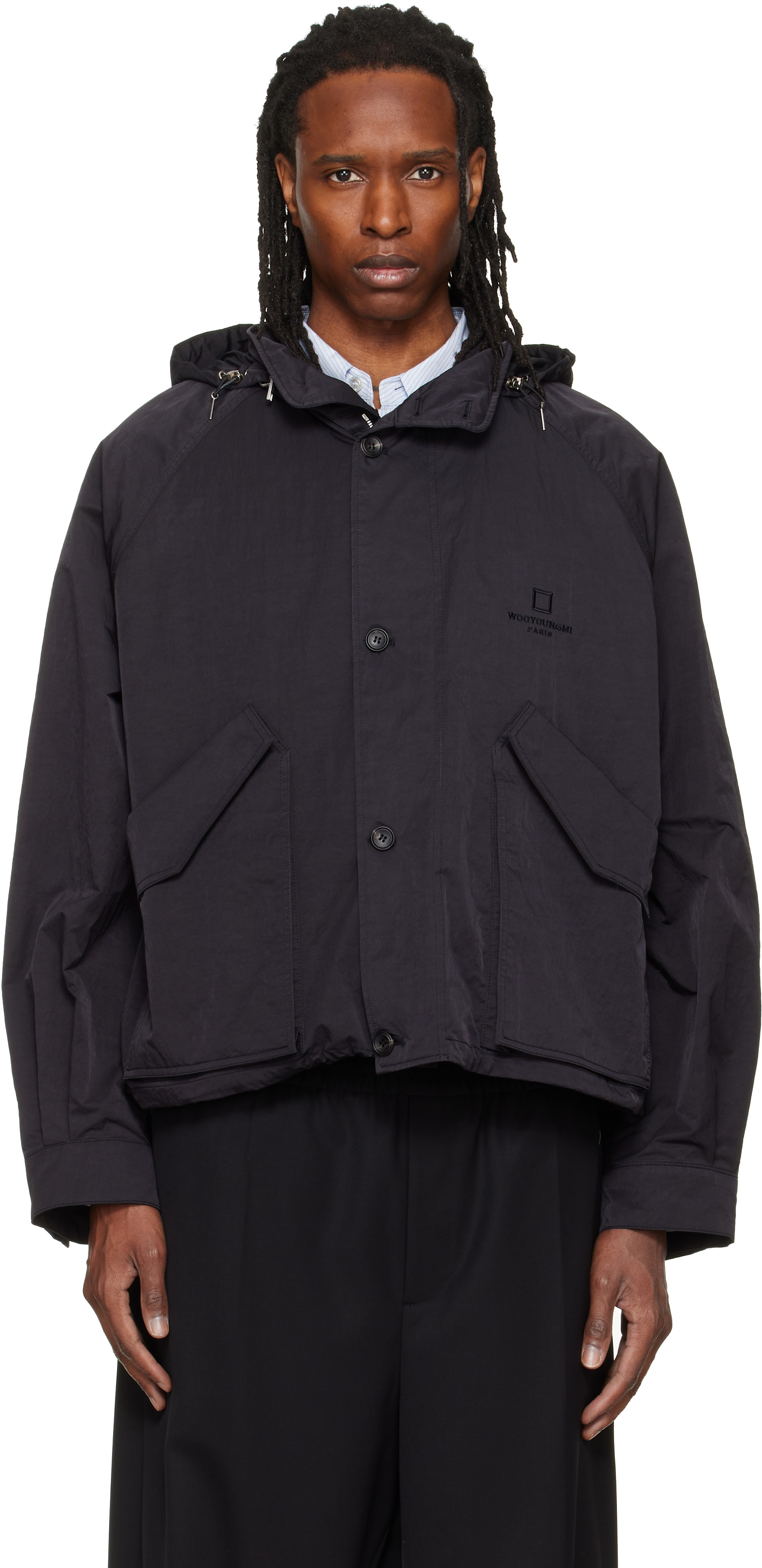 WOOYOUNGMI: Black Raglan Parachute Jacket | SSENSE