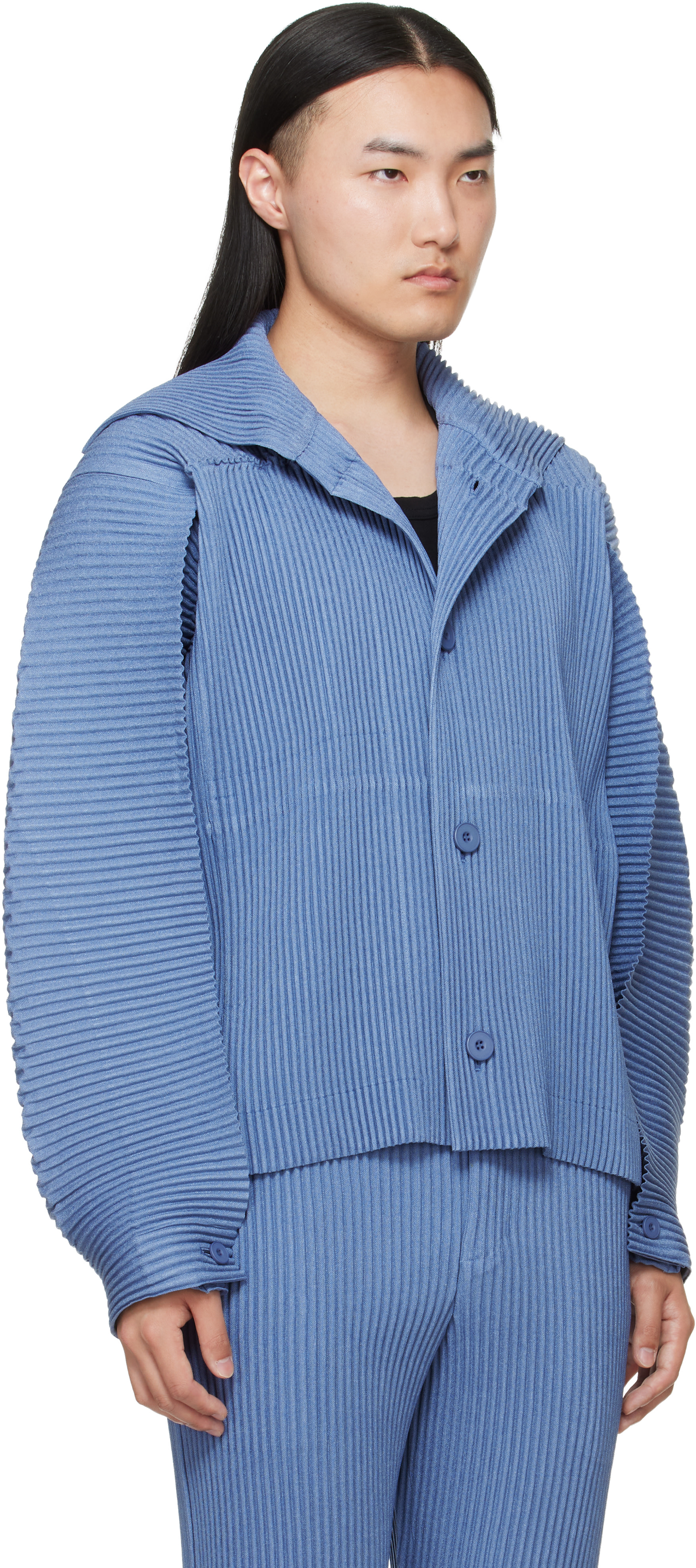 HOMME PLISSÉ ISSEY MIYAKE ブルゾン HOMME PLISSÉ ISSEY MIYAKE: Blue Linen Like Jacket | SSENSE Canada