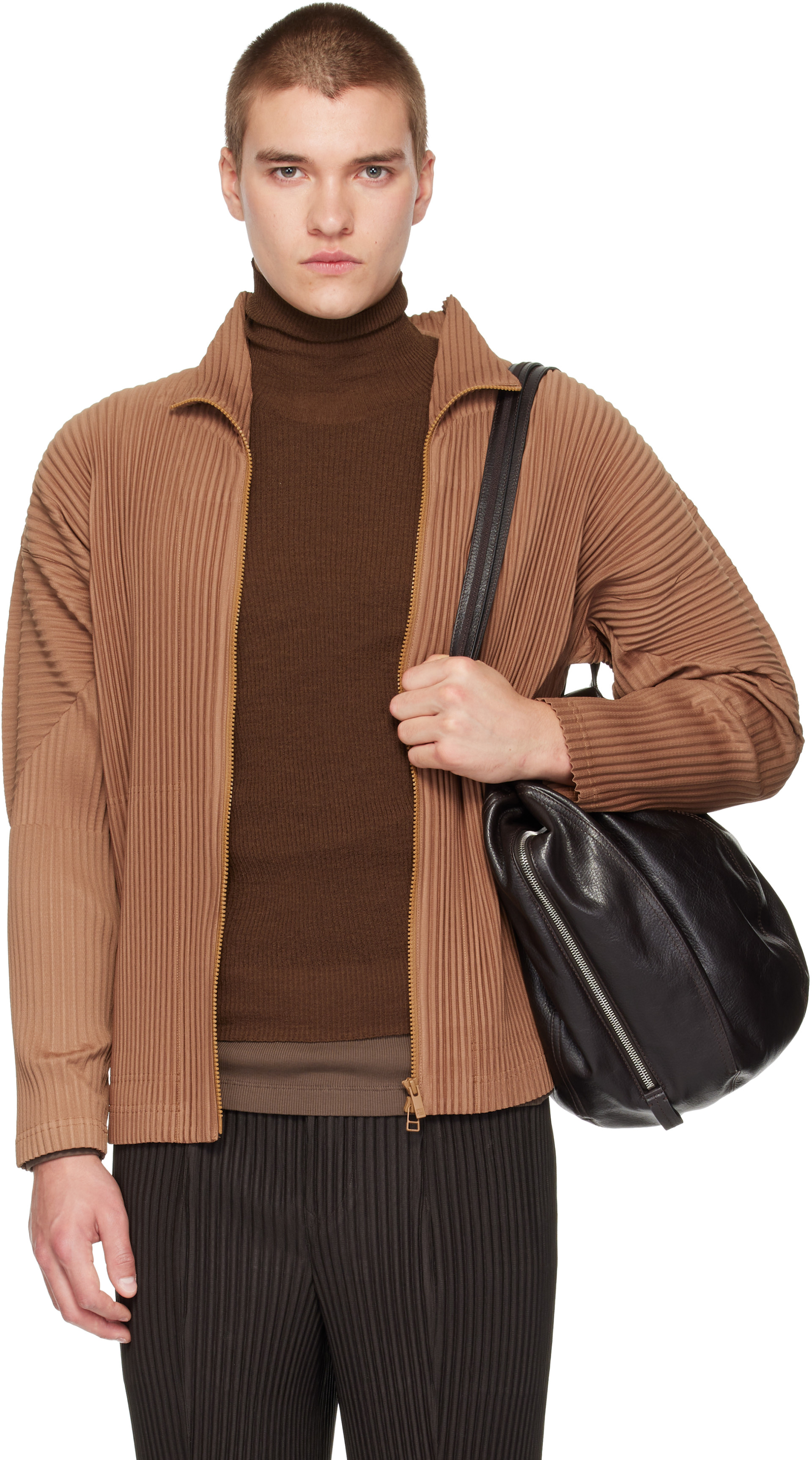 HOMME PLISSE HP31JF181 サイズ2 ブラウン HOMME PLISSÉ ISSEY MIYAKE: Brown Color Pleats 2 Jacket | SSENSE
