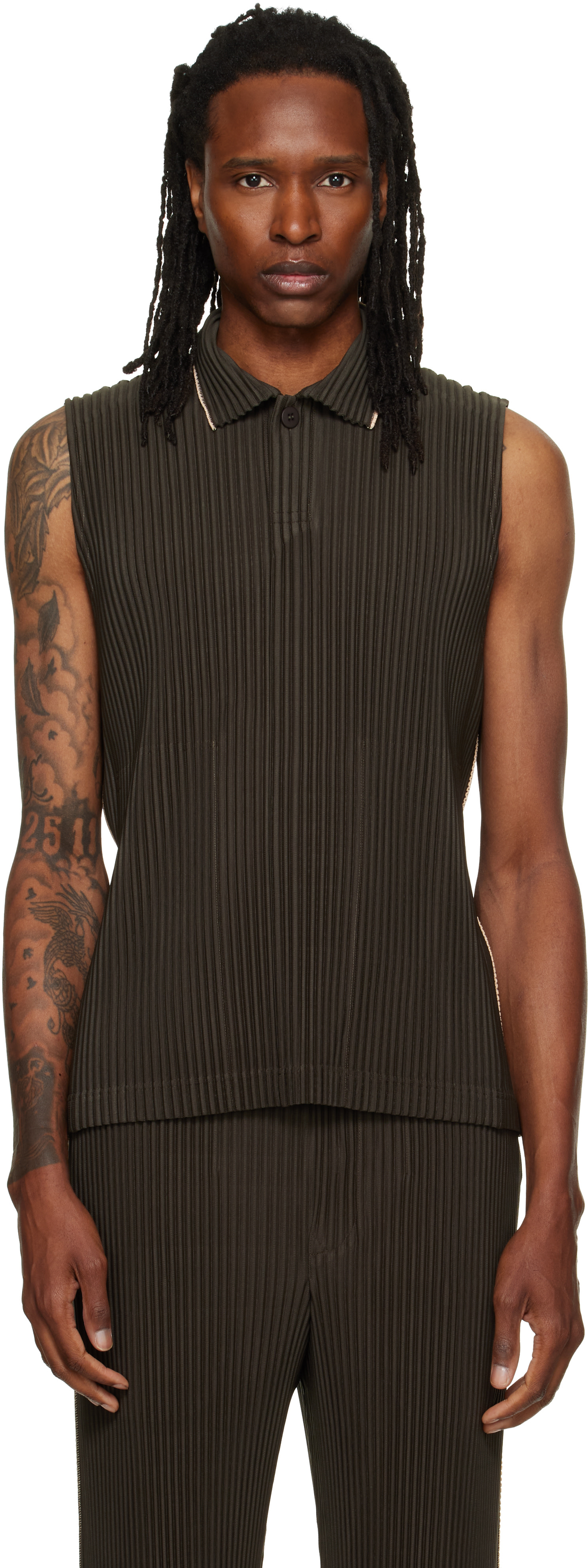 HOMME PLISSÉ ISSEY MIYAKE: Brown Embroidery Stripes Vest | SSENSE