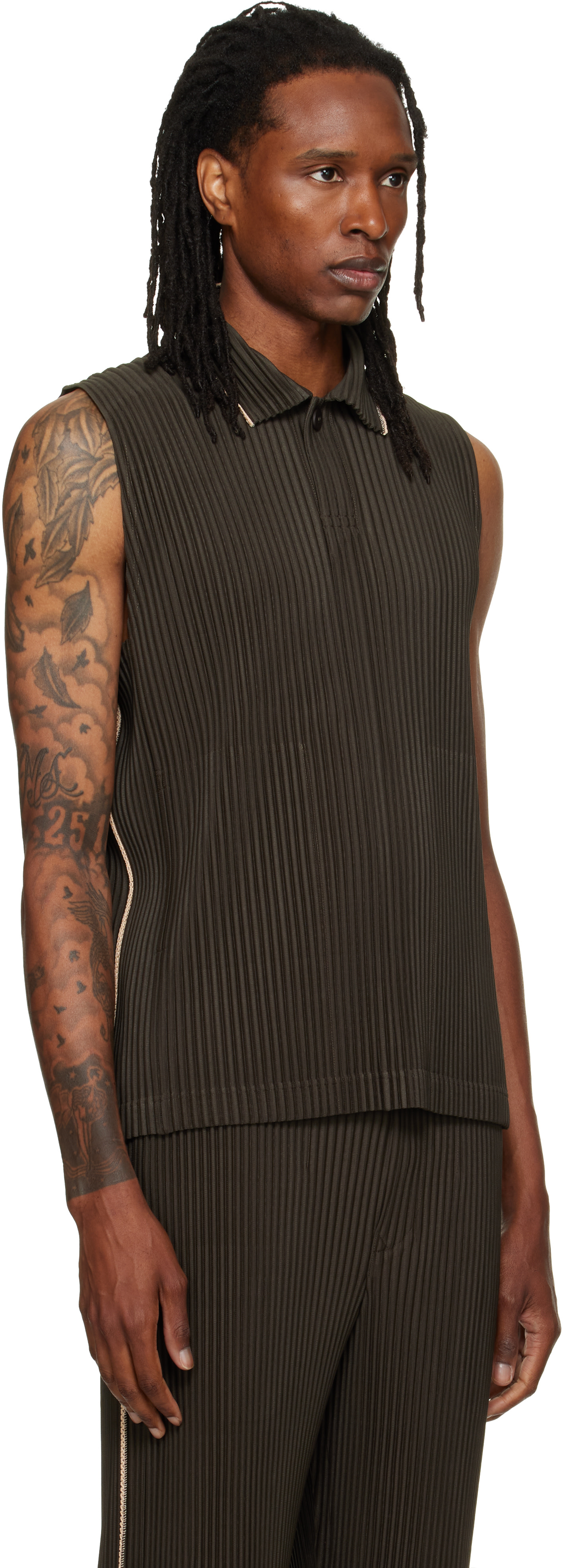 HOMME PLISSÉ ISSEY MIYAKE: Brown Embroidery Stripes Vest | SSENSE