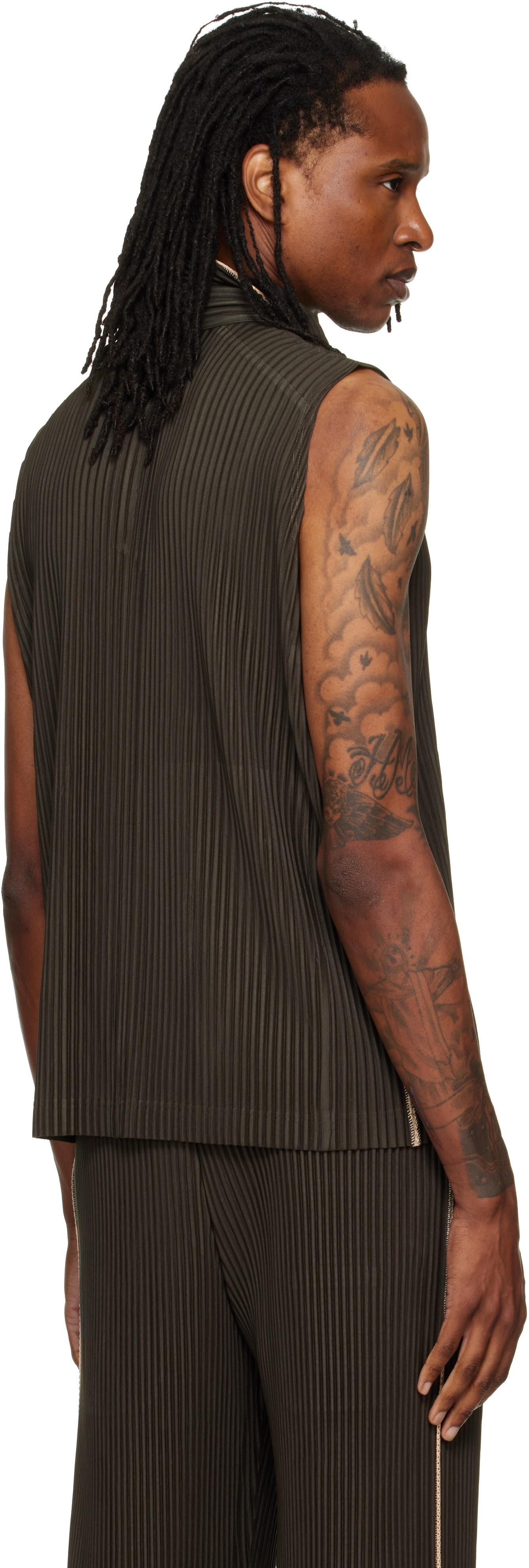 ISSEY MIYAKE MEN 90s 96SS リネン ベスト HOMME PLISSÉ ISSEY MIYAKE: Brown Embroidery Stripes Vest | SSENSE