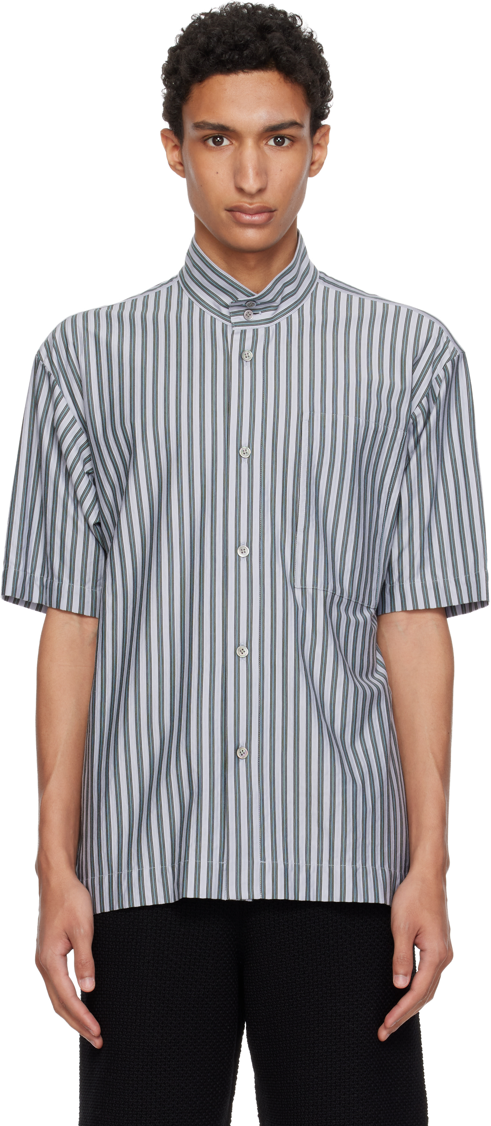 HOMME PLISSÉ ISSEY MIYAKE: Blue Stripe Jersey Shirt | SSENSE