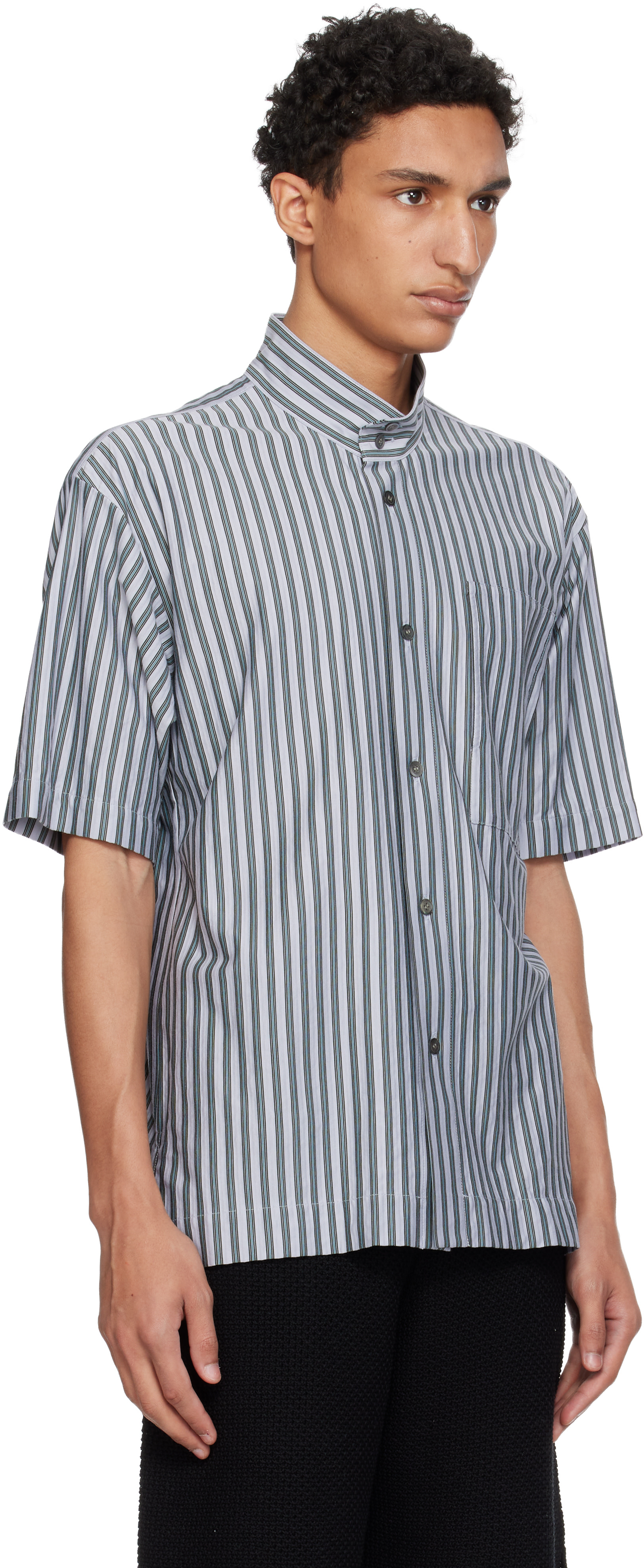 HOMME PLISSÉ ISSEY MIYAKE: Blue Stripe Jersey Shirt | SSENSE