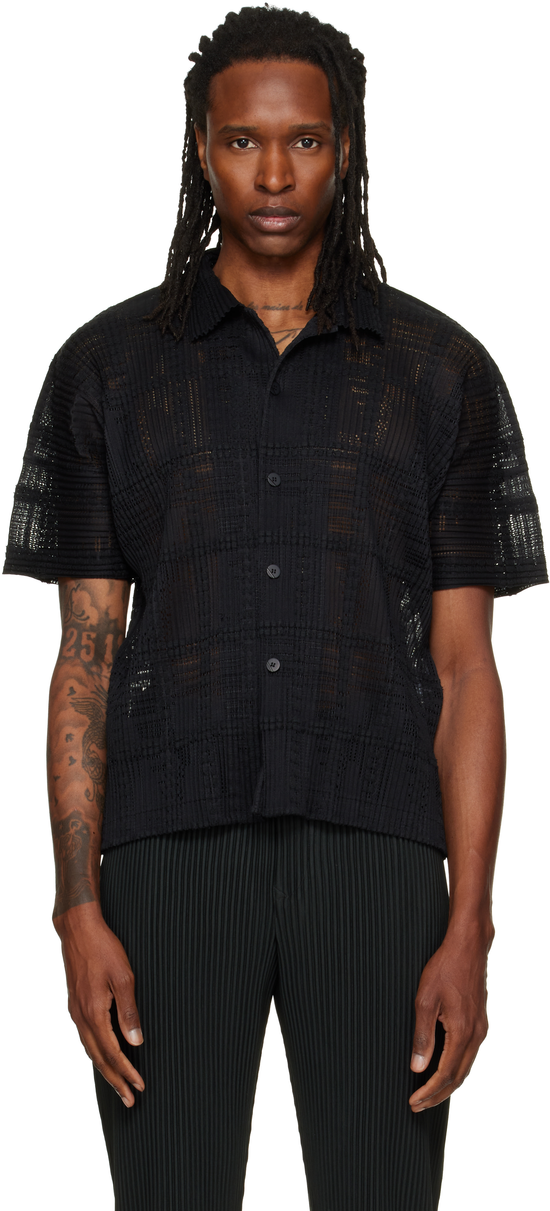 HOMME PLISSÉ ISSEY MIYAKE: Black Lace Grid Pleats Shirt | SSENSE