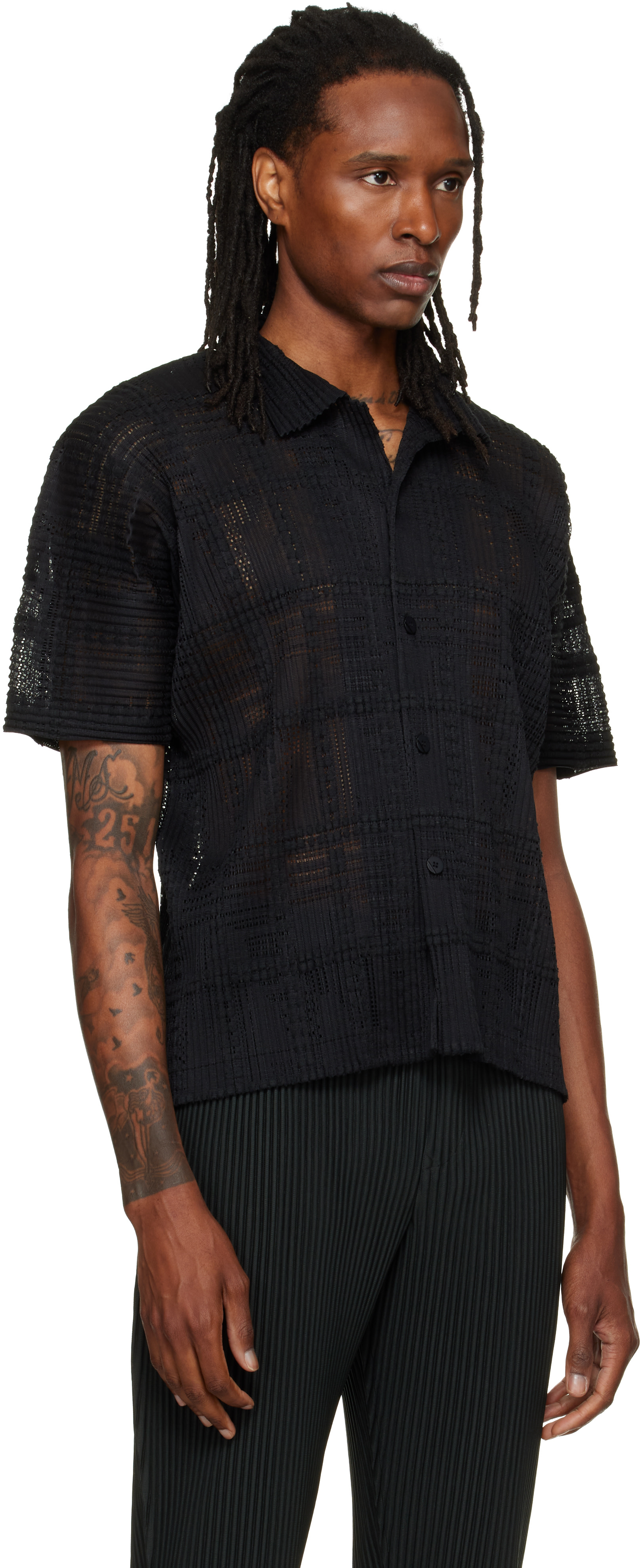 HOMME PLISSÉ ISSEY MIYAKE: Black Lace Grid Pleats Shirt | SSENSE