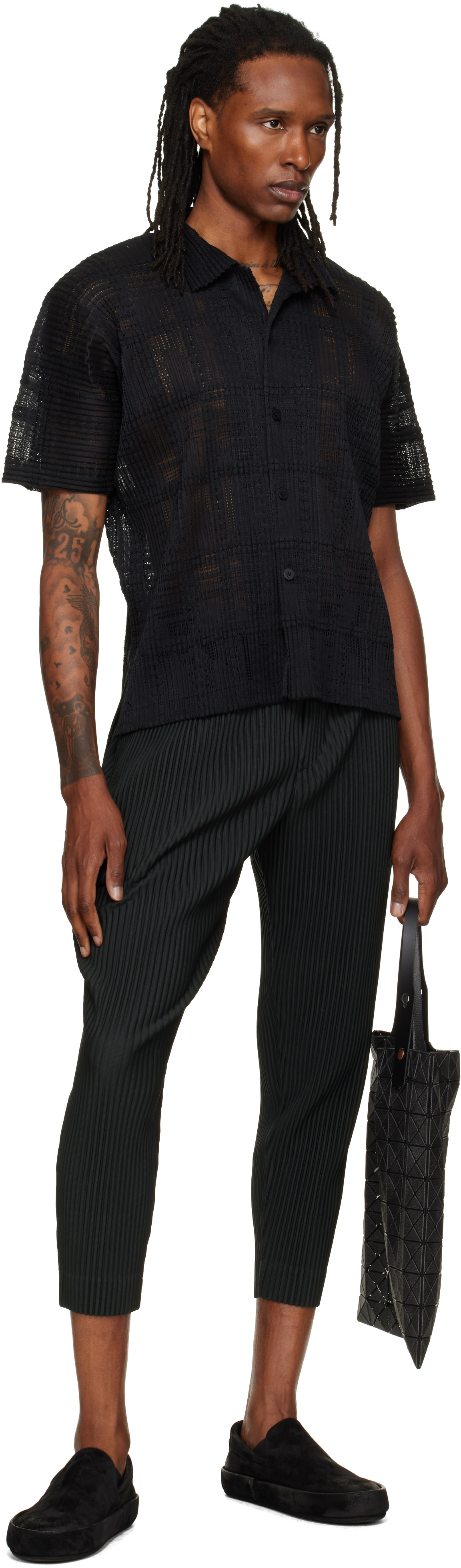 HOMME PLISSÉ ISSEY MIYAKE: Black Lace Grid Pleats Shirt | SSENSE