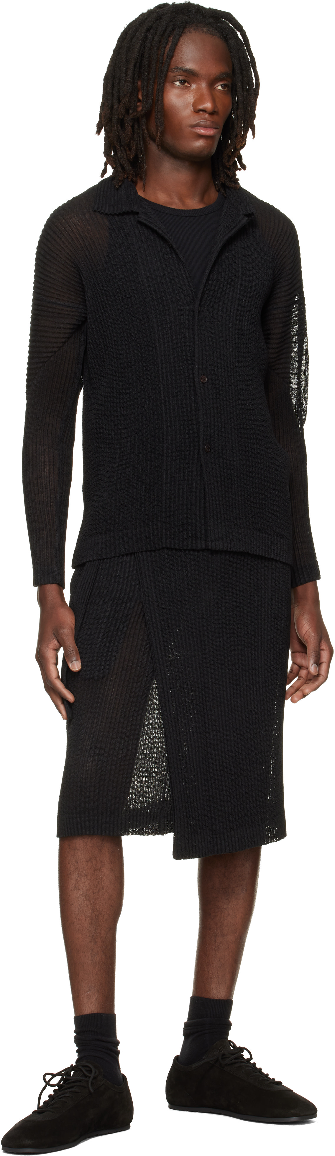 HOMME PLISSÉ RUSTIC MESH BLACK2 HOMME PLISSÉ ISSEY MIYAKE: Black Rustic Mesh Shirt | SSENSE
