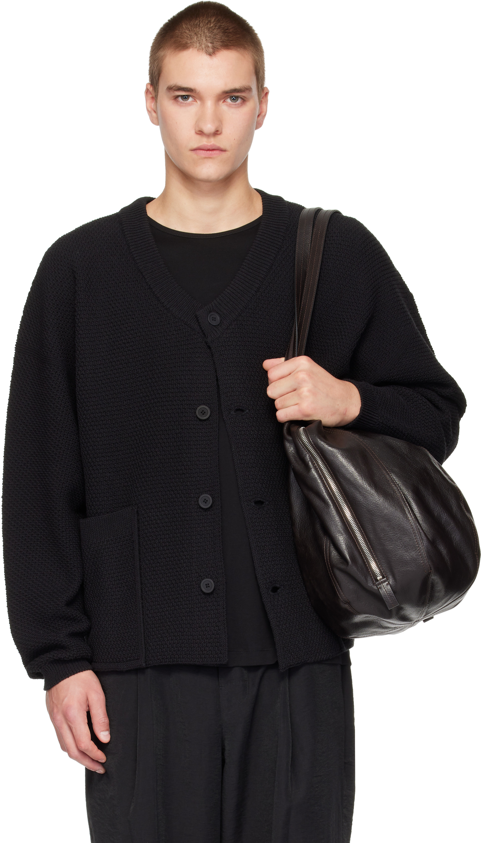HOMME PLISSÉ ISSEY MIYAKE: Black Rustic Knit Cardigan | SSENSE