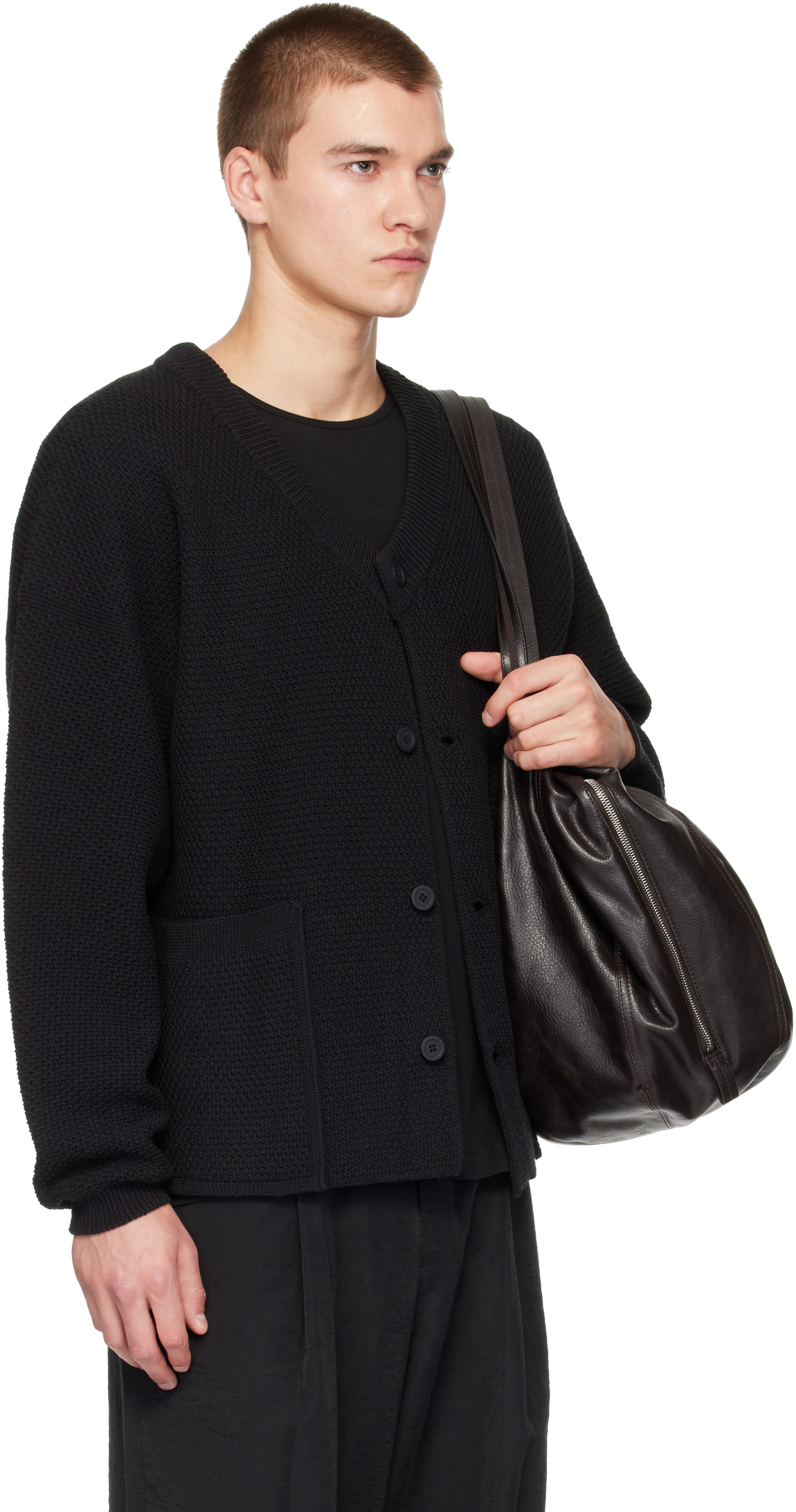 HOMME PLISSÉ ISSEY MIYAKE: Black Rustic Knit Cardigan | SSENSE