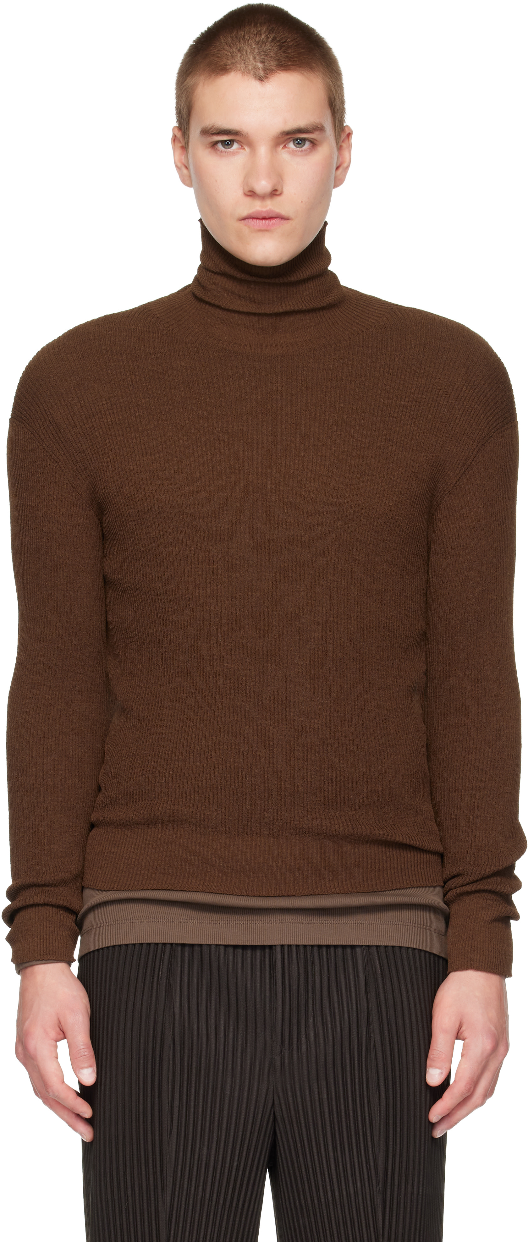 70s issey miyake 変形ベスト　ニット　ブラウン　オールスタイル HOMME PLISSÉ ISSEY MIYAKE: Brown Unraveled Knit Sweater | SSENSE