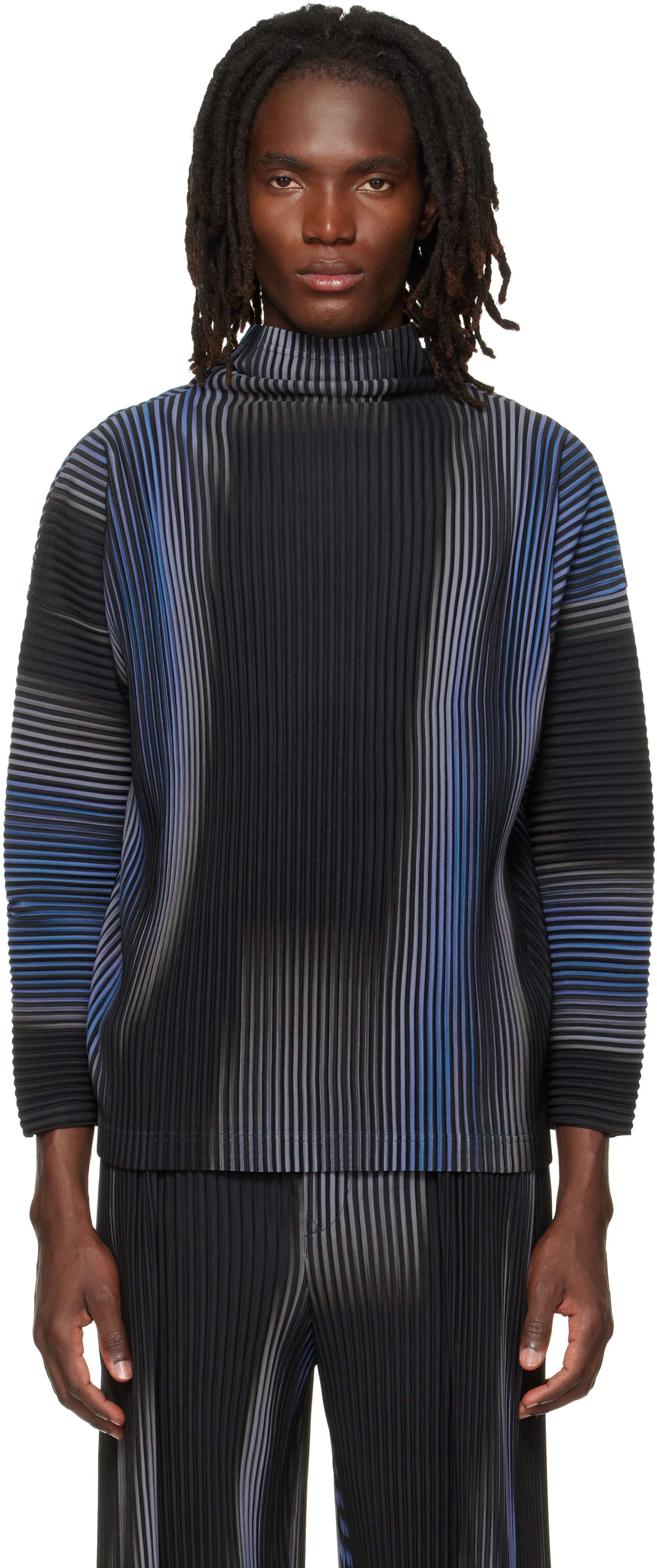 HOMME PLISSÉ ISSEY MIYAKE ブルー 長袖カットソー 2 HOMME PLISSÉ ISSEY MIYAKE: Blue & Black Blend Of Lights T-shirt