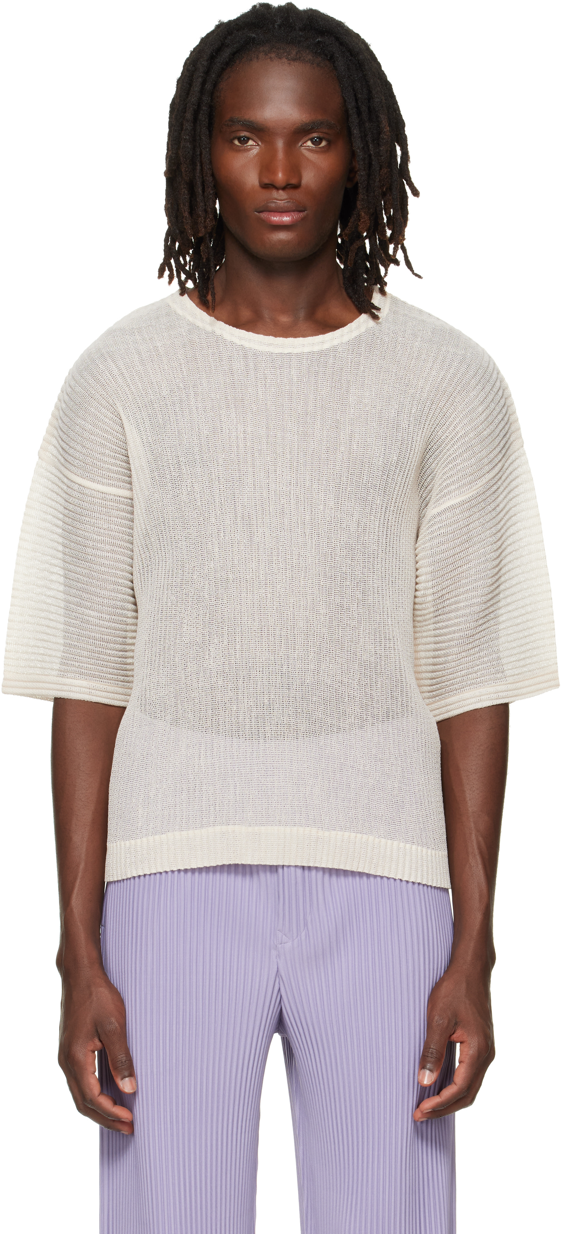 HOMME PLISSÉ ISSEY MIYAKE: Off-White Rustic Mesh T-shirt | SSENSE