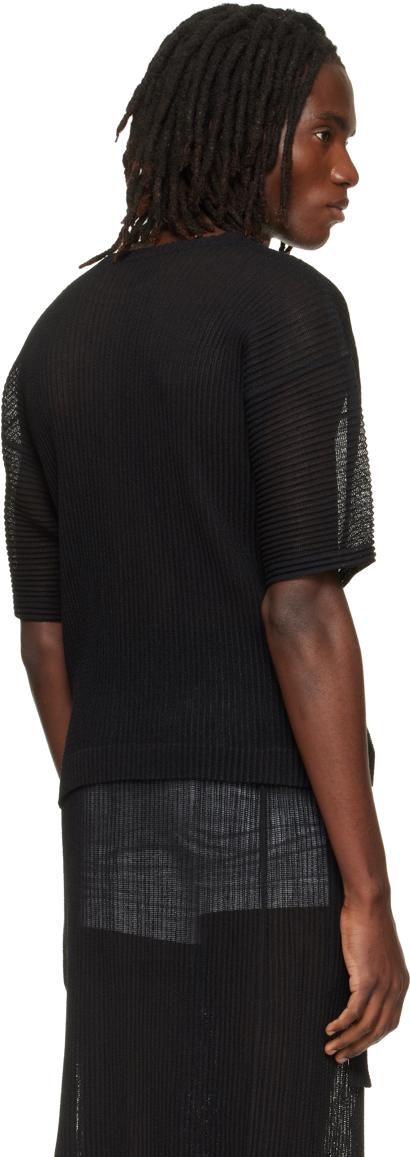 HOMME PLISSÉ ISSEY MIYAKE 25ss MESH-T HOMME PLISSÉ ISSEY MIYAKE: Black Rustic Mesh T-shirt | SSENSE